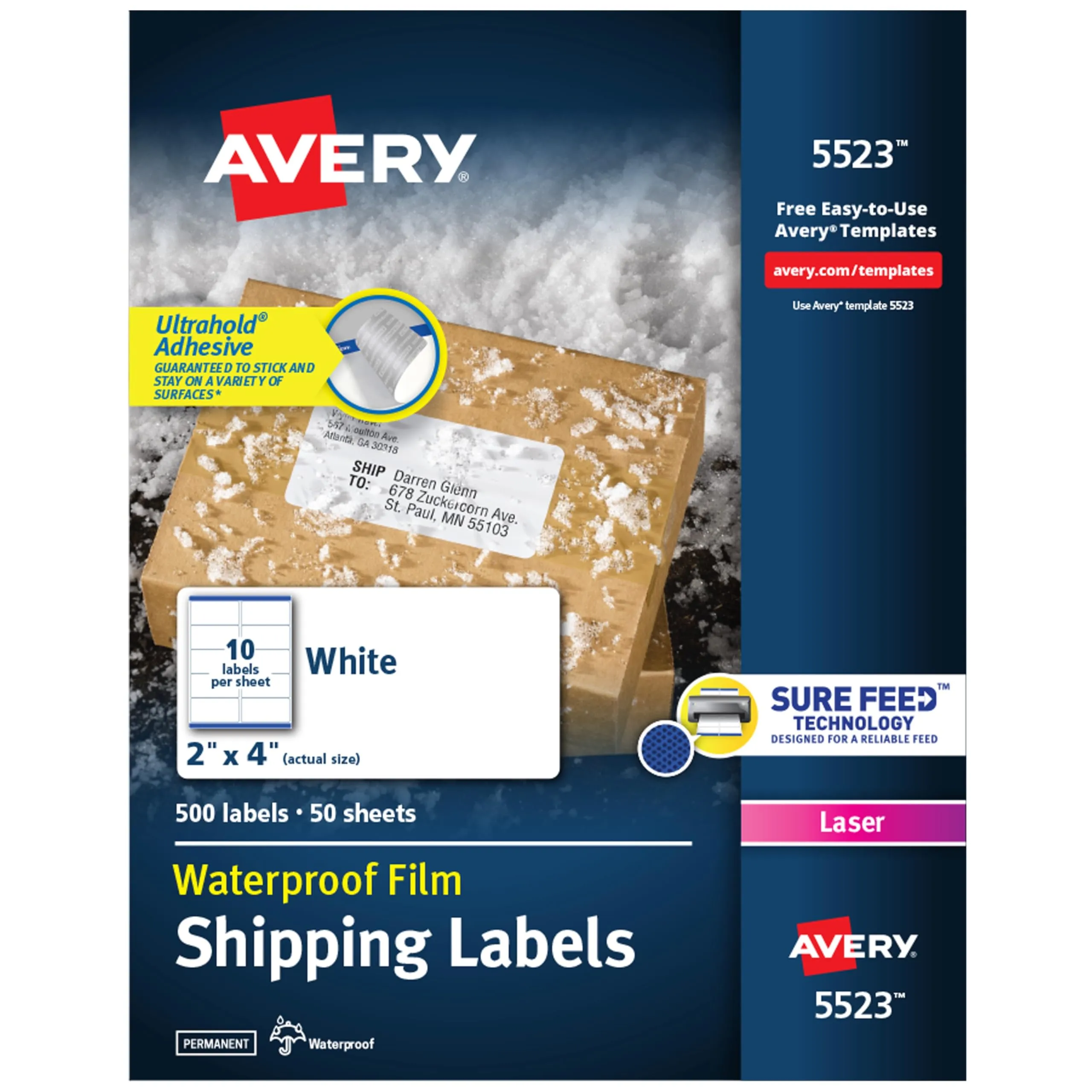 Avery Waterproof Labels with UltraHold Permanent Adhesive, 2" x 4", 500 Labels (5523)