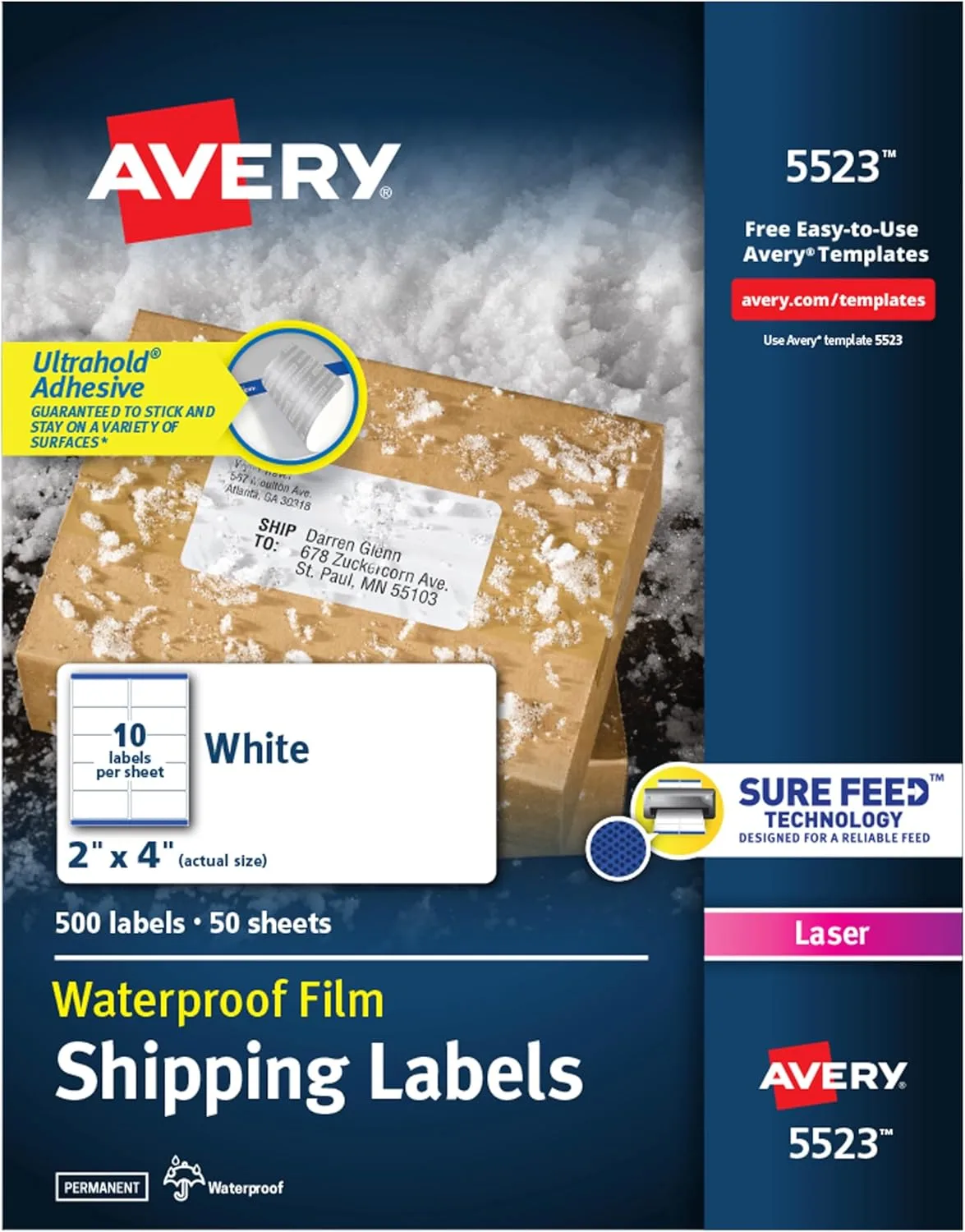 Avery Waterproof Labels with UltraHold Permanent Adhesive, 2" x 4", 500 Labels (5523)