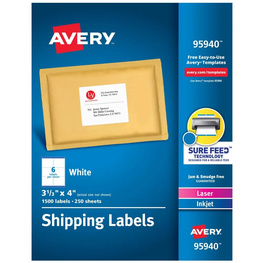 Avery Printable Shipping Labels with Sure Feed, 3-1/3 x 4, White, 1,500 Labels (95940)