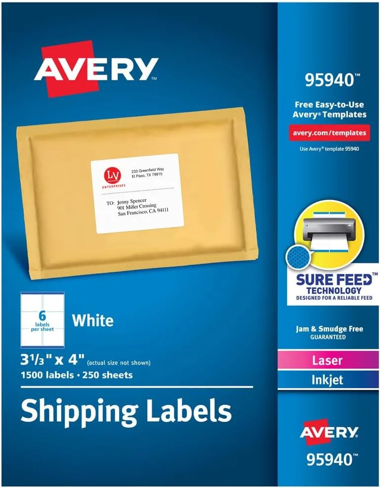 Avery Printable Shipping Labels with Sure Feed, 3-1/3 x 4, White, 1,500 Labels (95940)
