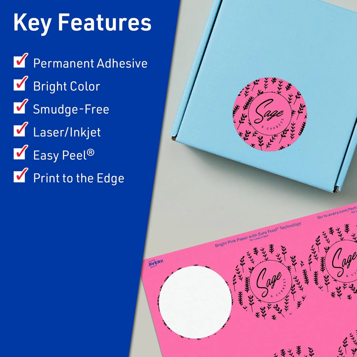 Avery Printable Round Labels, Sure Feed Technology, 2.75" Diameter, Bright Pink Labels, Print-to-The-Edge