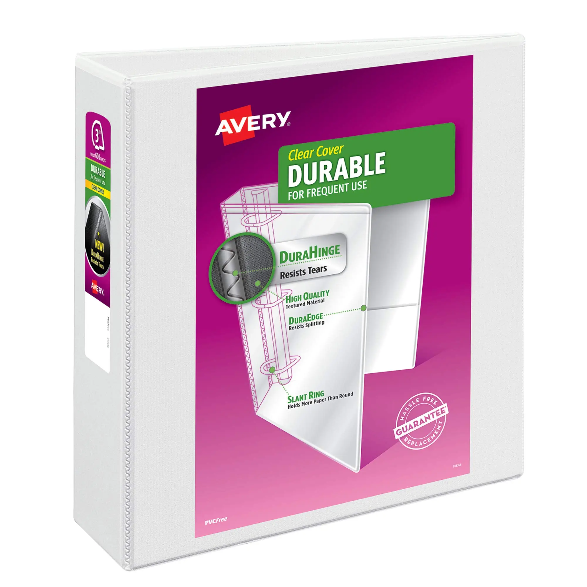 Avery Durable Clear View 3-Ring Binder, 3 Inch EZD Rings, White (09701)