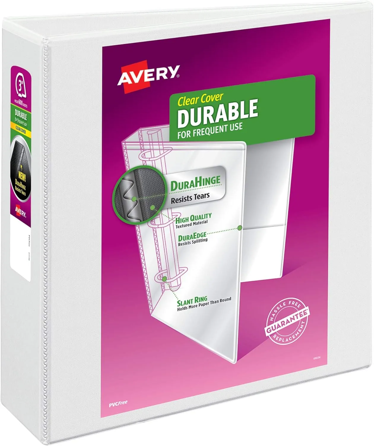 Avery Durable Clear View 3-Ring Binder, 3 Inch EZD Rings, White (09701)