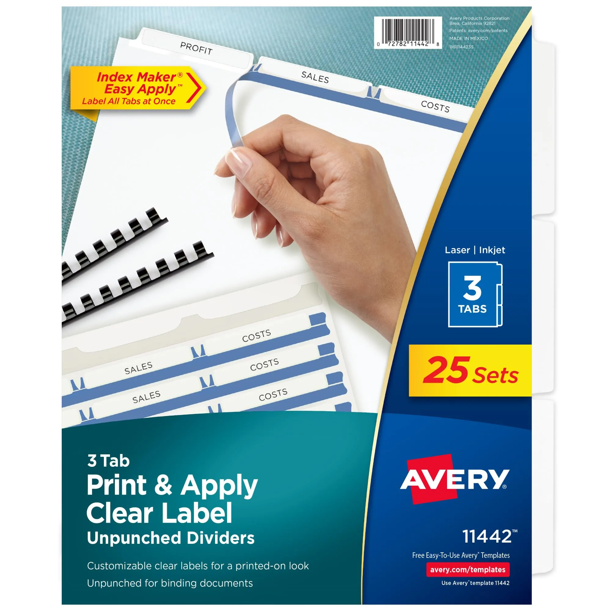 Avery 3-Tab Unpunched Clear Label Dividers, Index Maker, 25 Sets (11442)