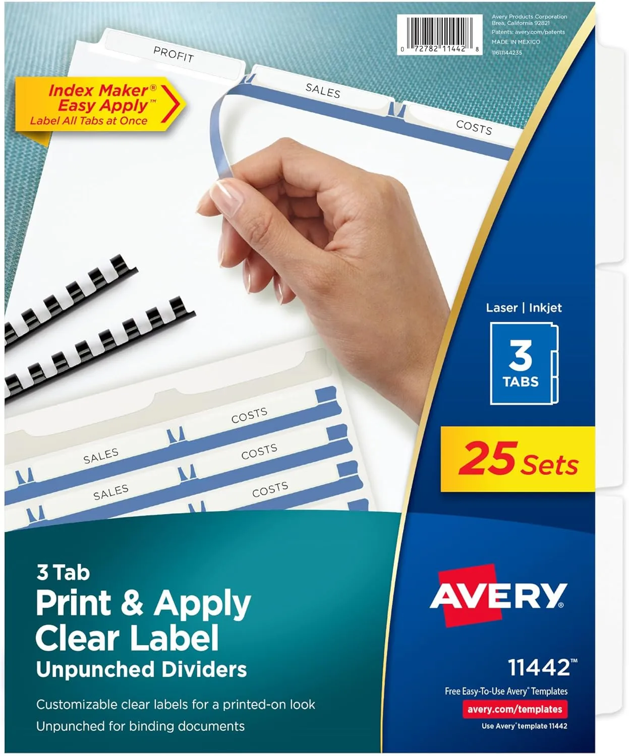 Avery 3-Tab Unpunched Clear Label Dividers, Index Maker, 25 Sets (11442)