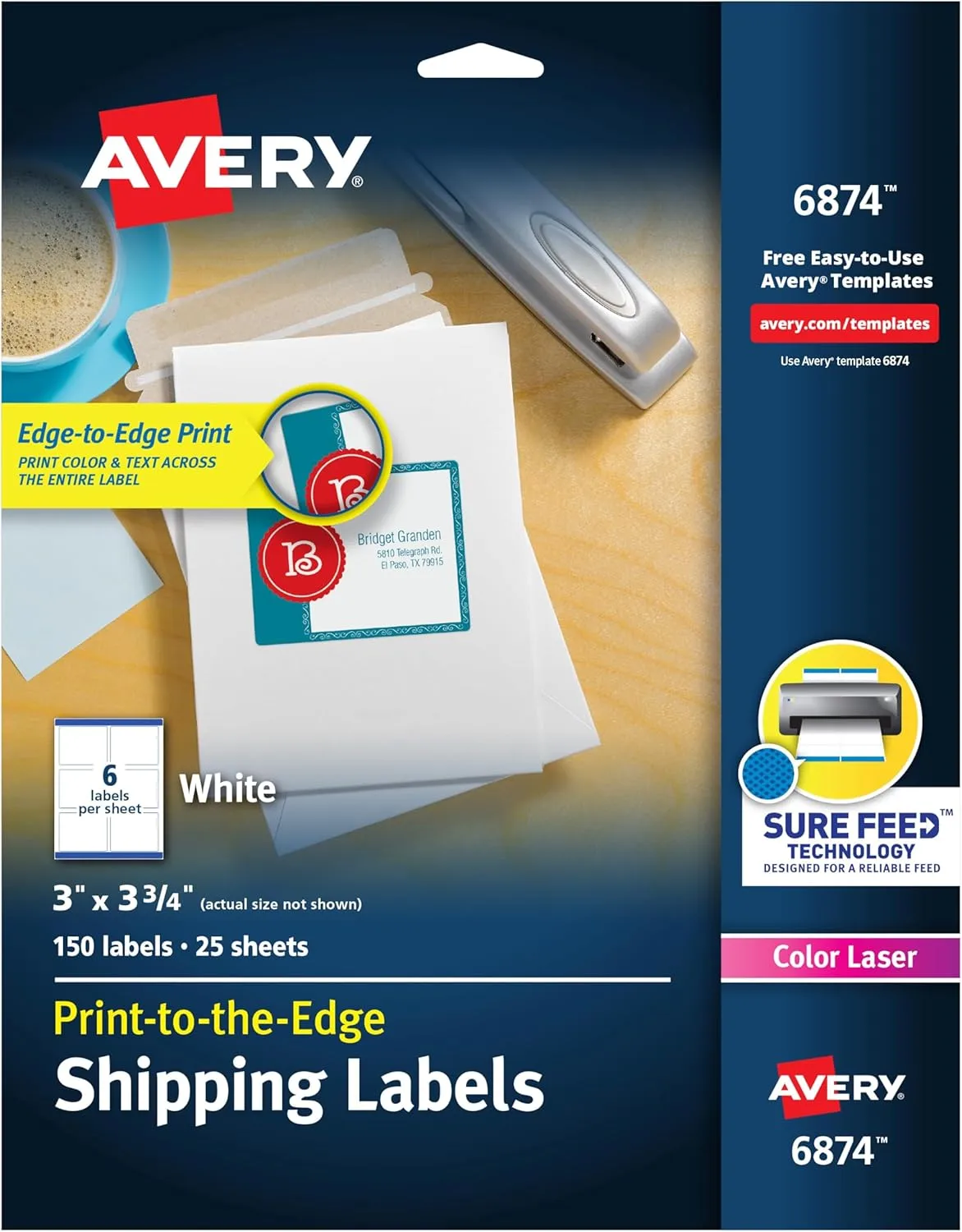Avery Printable Shipping Labels with Sure Feed, 3" x 3.75", White, 150 Blank Mailing Labels (6874)