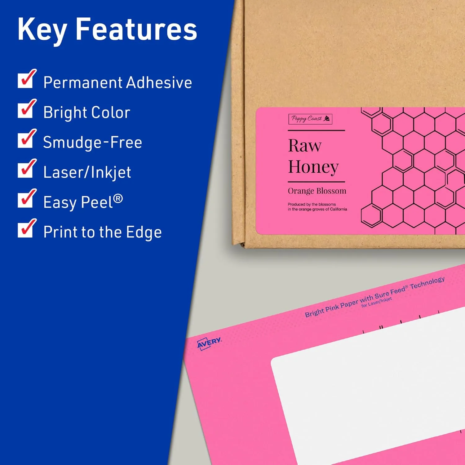 Avery Printable Rectangle Labels, Sure Feed Technology, 2" x 6", Bright Pink Labels, Print-to-The-Edge