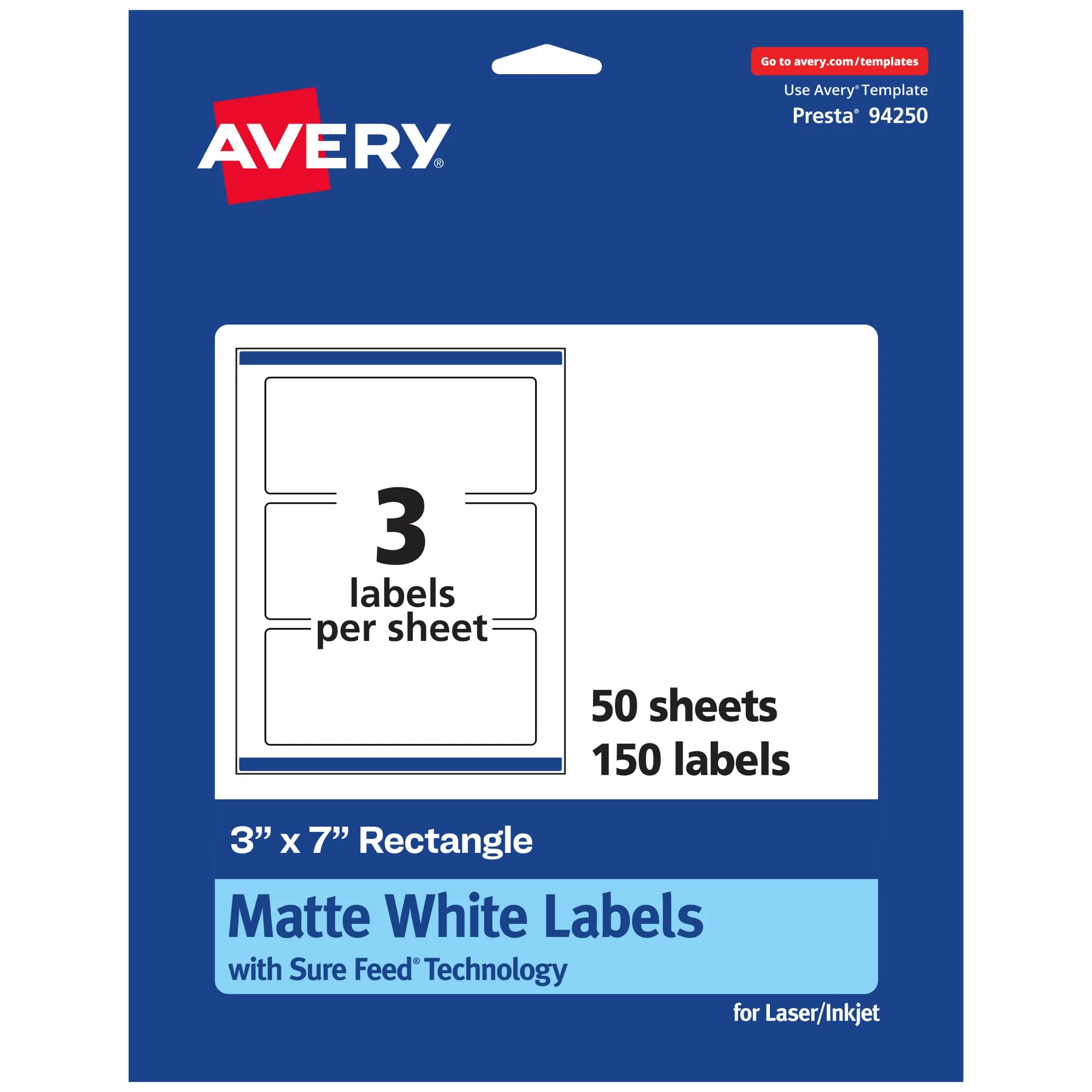 Avery Matte White Rectangle Labels with Sure Feed Technology, 3" x 7"