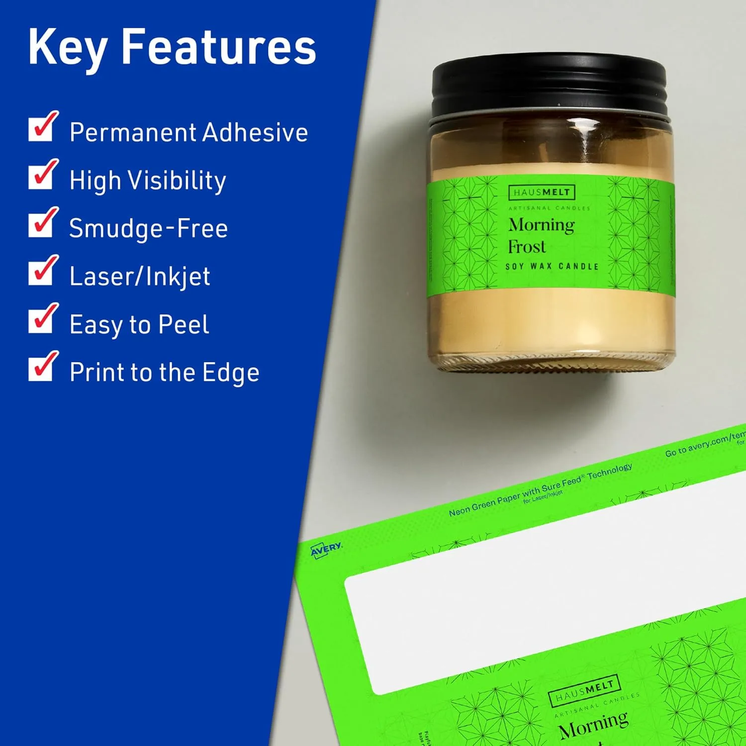 Avery Printable Rectangle Labels, Sure Feed Technology, 1-1/2" x 7-1/2", Neon Green Labels, Print-to-The-Edge