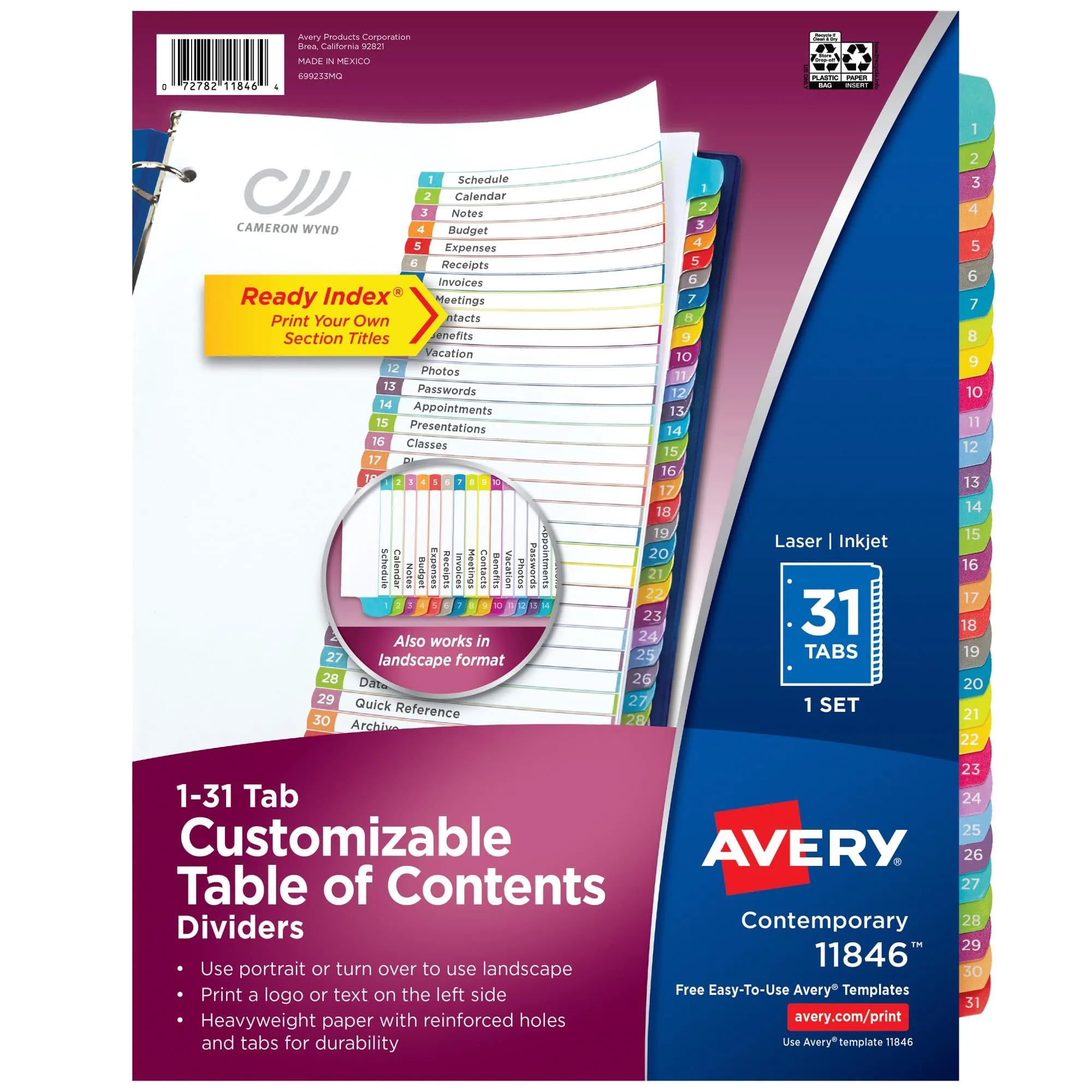 Avery 1-31 Dividers for 3 Ring Binders, 31 Tabs, Customizable Table of Contents (11846)