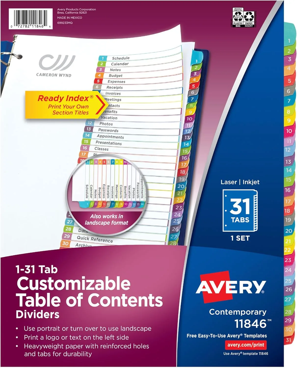 Avery 1-31 Dividers for 3 Ring Binders, 31 Tabs, Customizable Table of Contents (11846)