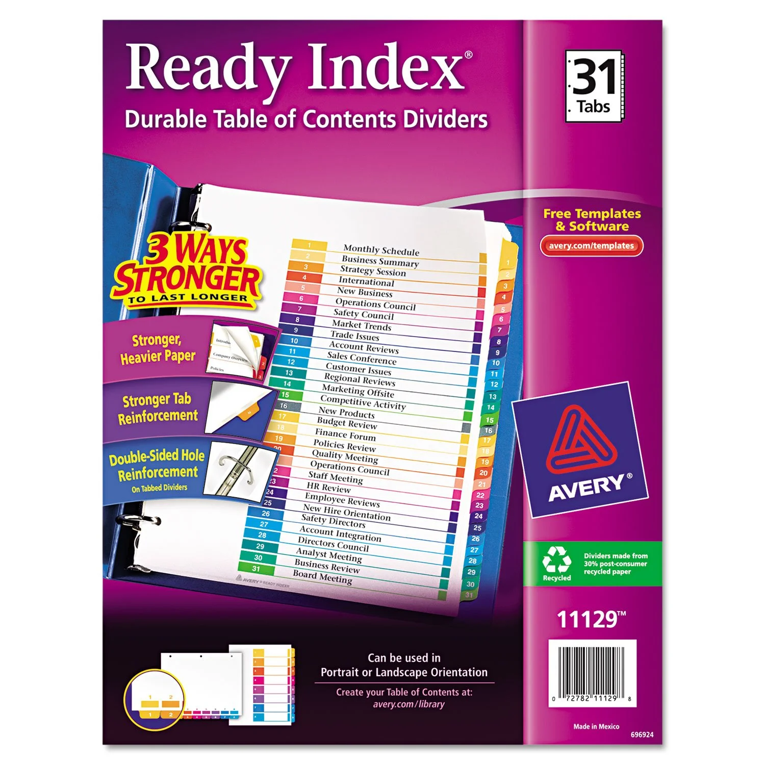 Customizable TOC Ready Index Multicolor Tab Dividers, 31-Tab, 11 x 8.5, White
