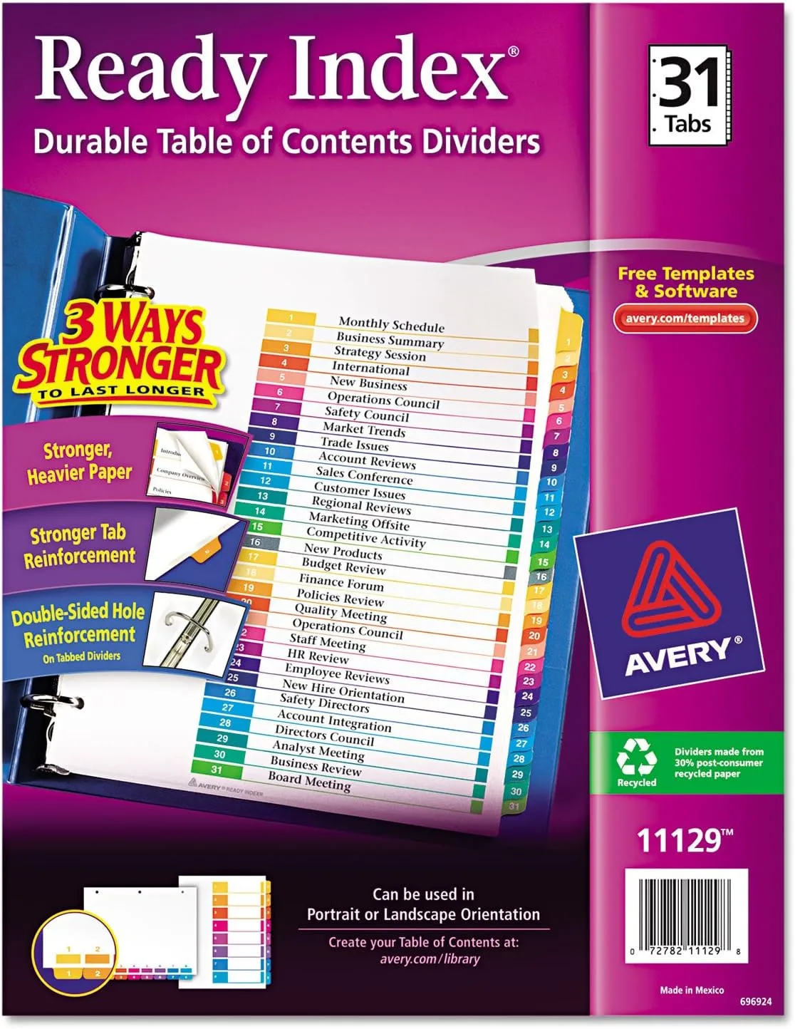 Customizable TOC Ready Index Multicolor Tab Dividers, 31-Tab, 11 x 8.5, White