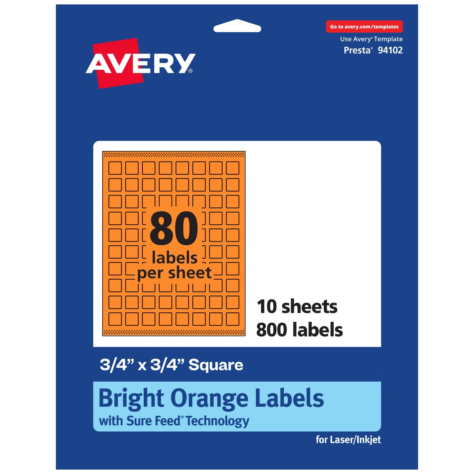 Avery Printable Square Labels, Sure Feed Technology, 3/4" x 3/4", Bright Orange, Print-to-The-Edge, Laser/Inkjet