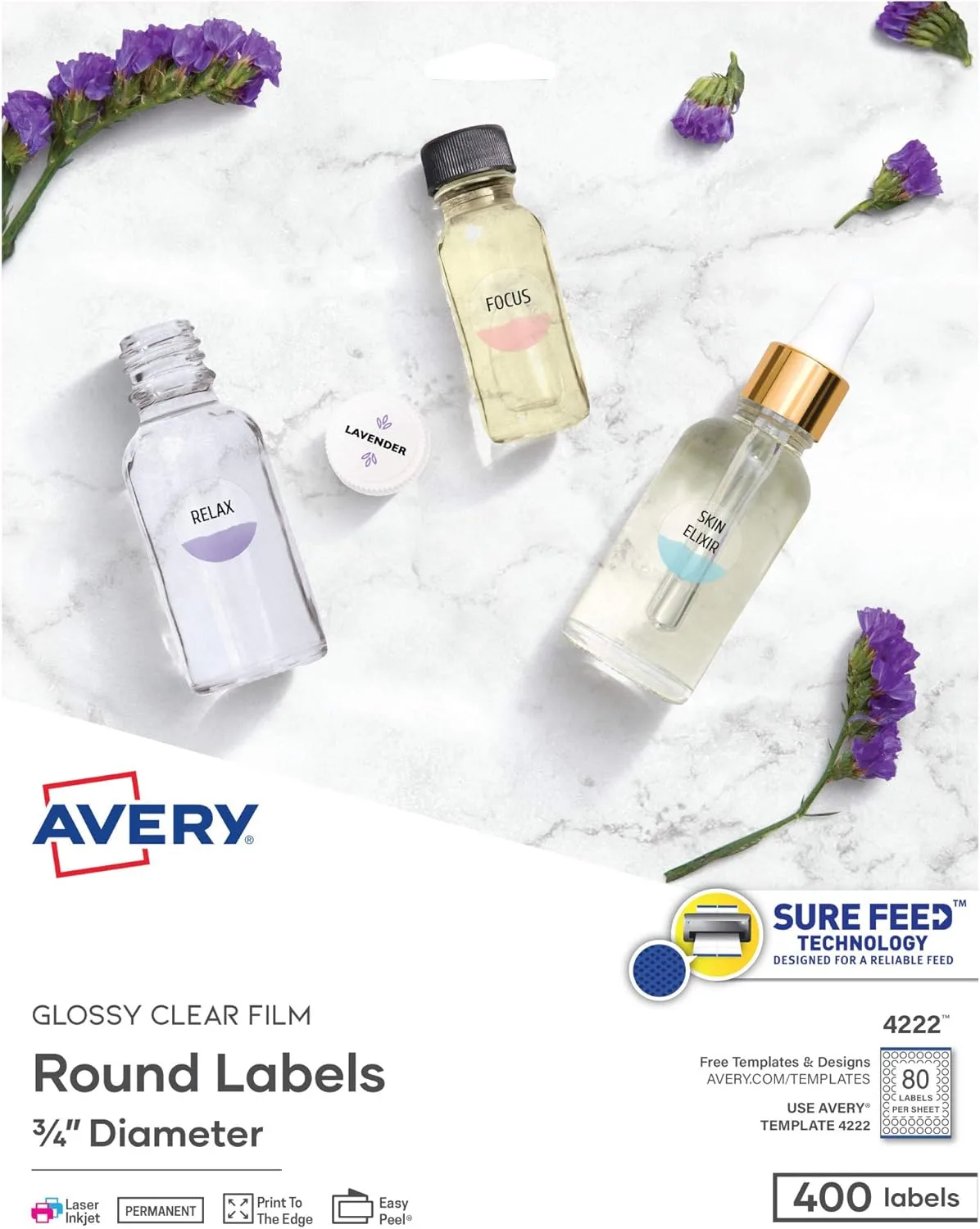 Avery Printable Round Labels with Sure Feed, 3/4" Diameter, Glossy Clear, 400 Customizable Labels (4222)