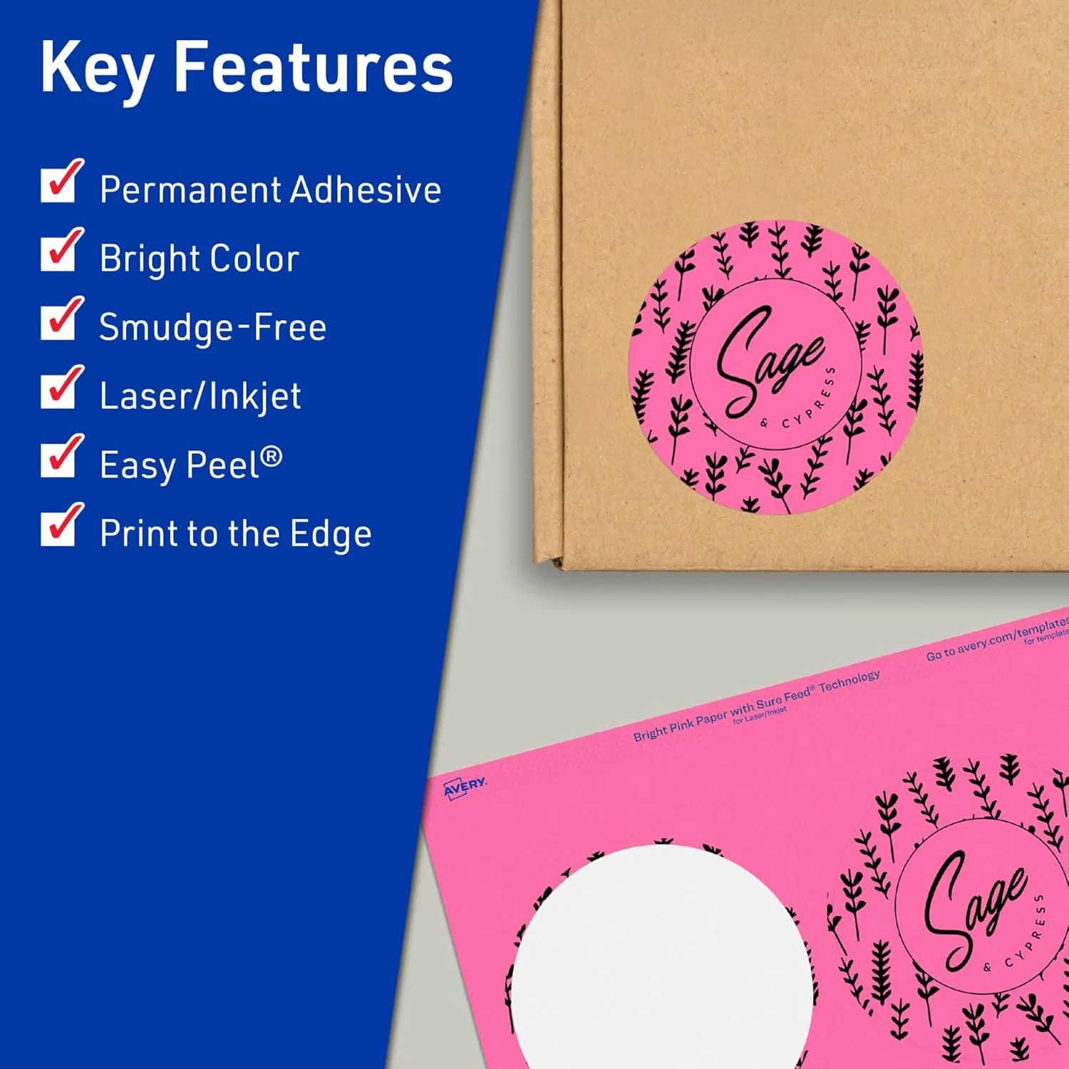Avery Printable Round Labels, Sure Feed Technology, 3-1/2" Diameter, Bright Pink, Print-to-the-Edge, Laser/Inkjet Printable