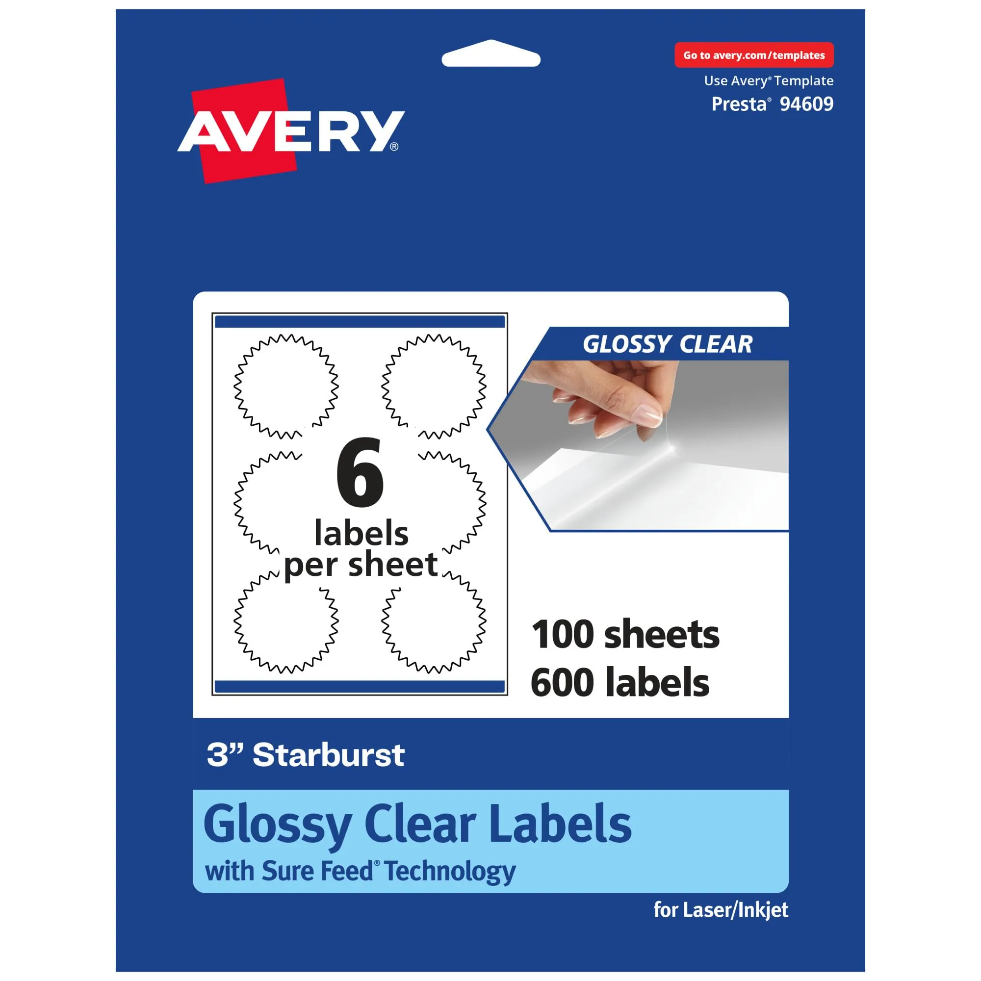Avery Glossy Clear Starburst Labels, Sure Feed technology, 3" Print-to-Edge, Laser/Inkjet Printable