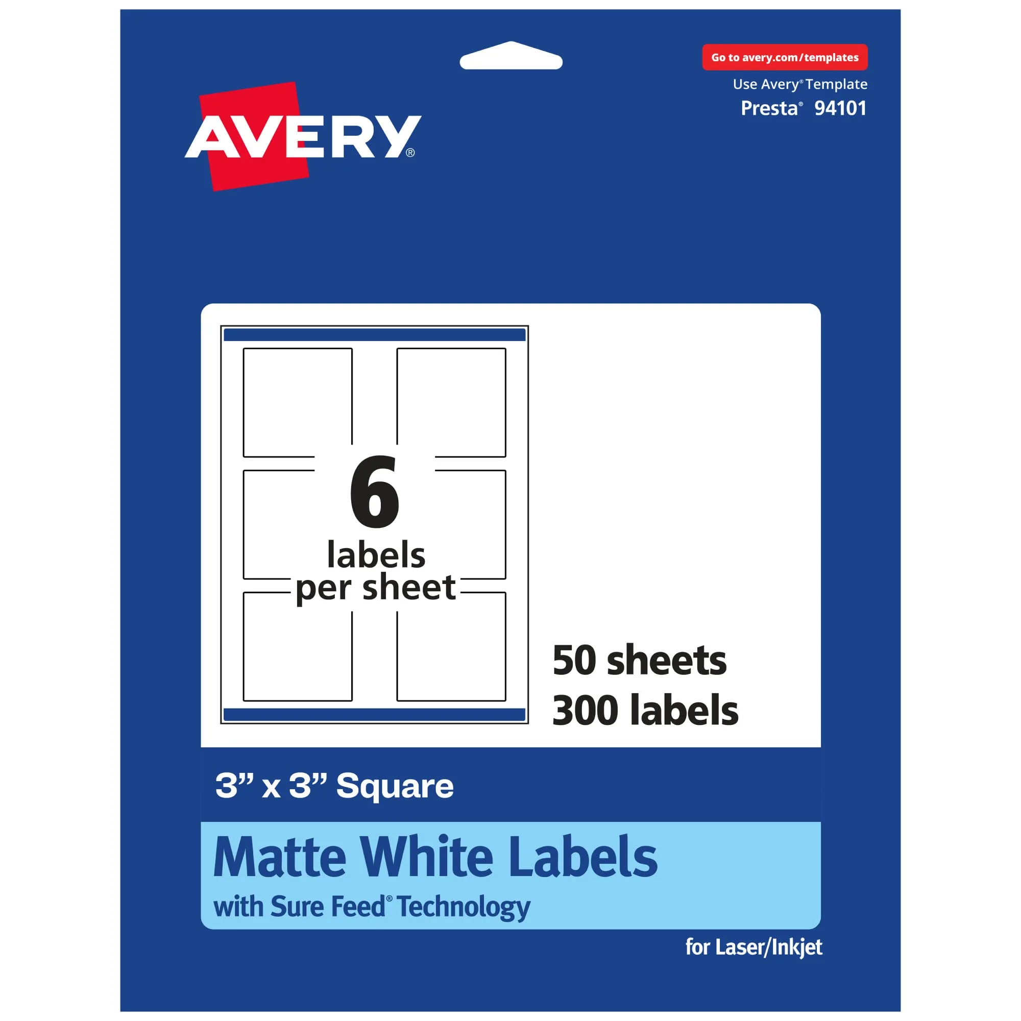 Avery Matte White Square Labels, Sure Feed Technology, 3" x 3", Printable