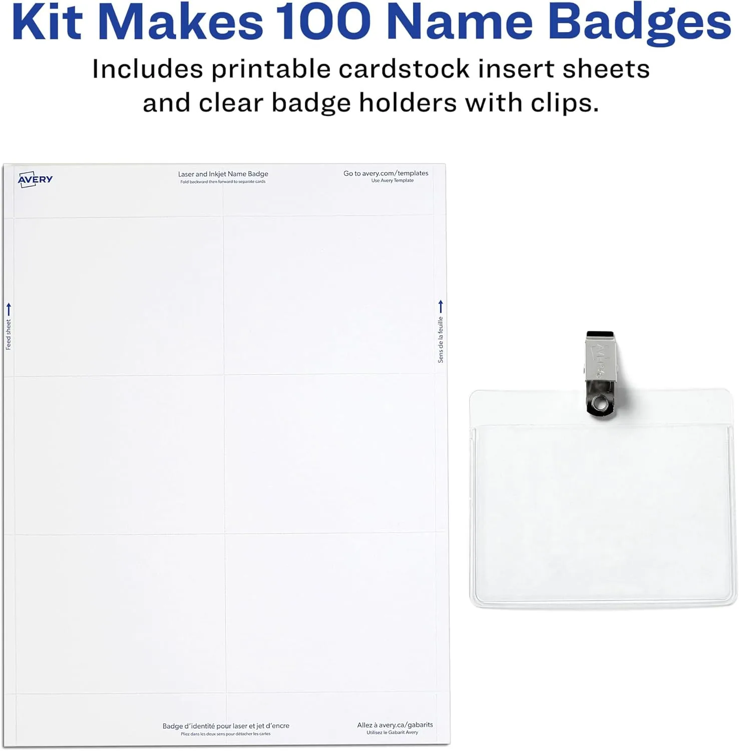 Avery Customizable Name Badges, Clip Style, 3" x 4", Clear Holders, 100 Pack