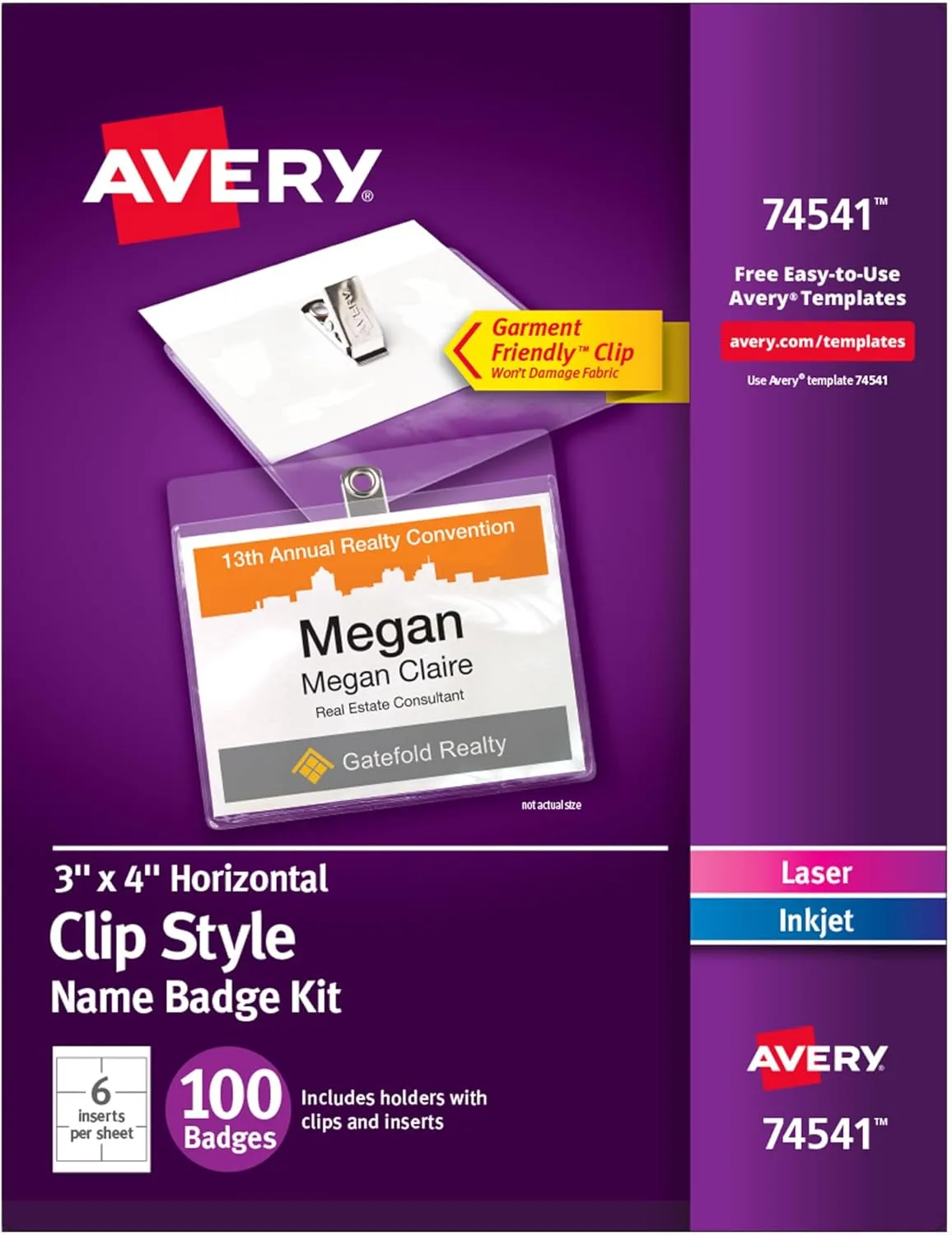 Avery Customizable Name Badges, Clip Style, 3" x 4", Clear Holders, 100 Pack