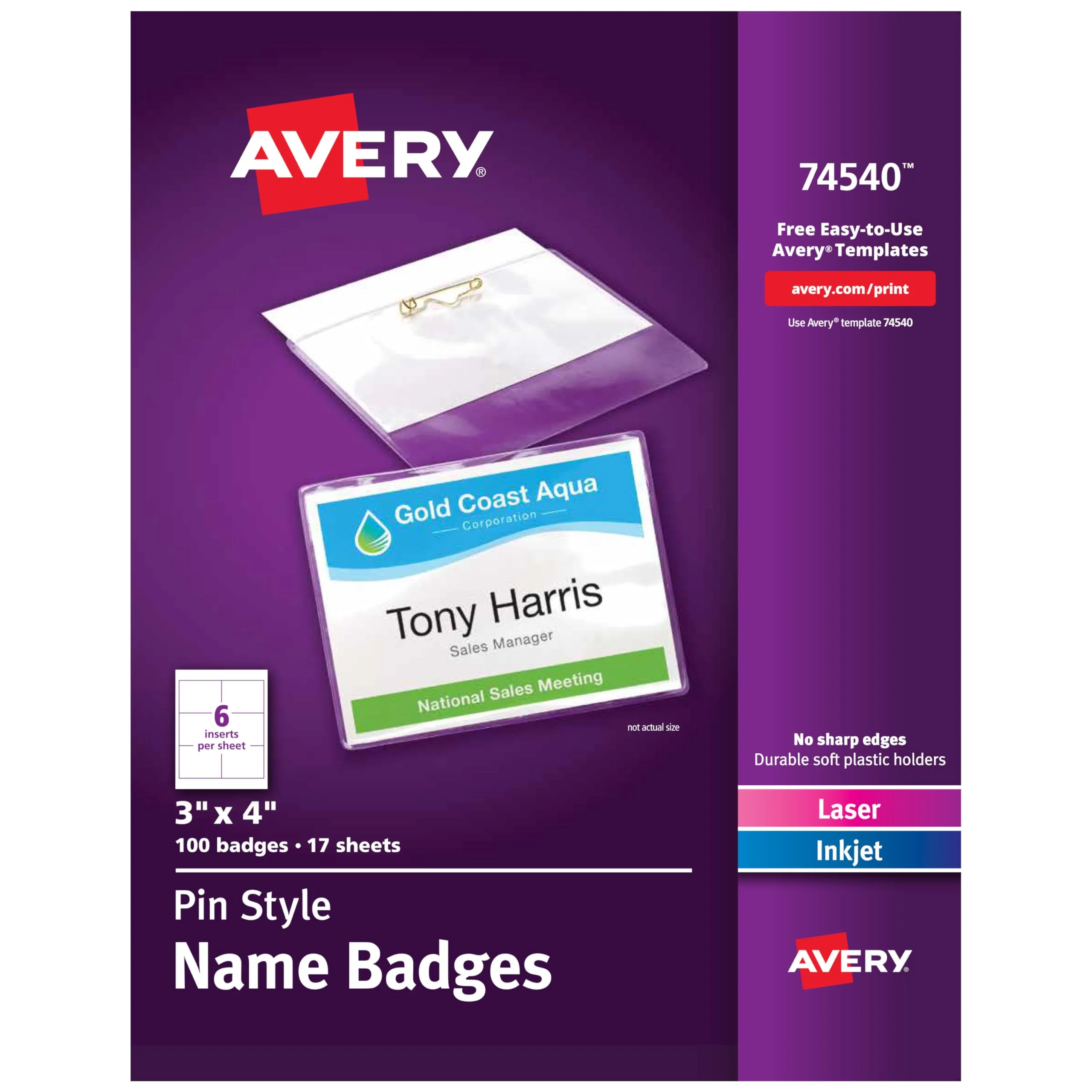 Avery Customizable Name Badges, Pin Style, 3 x 4, Clear Holders, 100 Pack (74540)