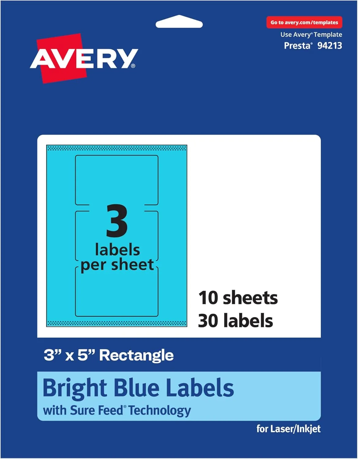 Avery Printable Rectangle Labels, Sure Feed Technology, 3" x 5", Bright Blue, Print-to-the-Edge, Laser/Inkjet Printable