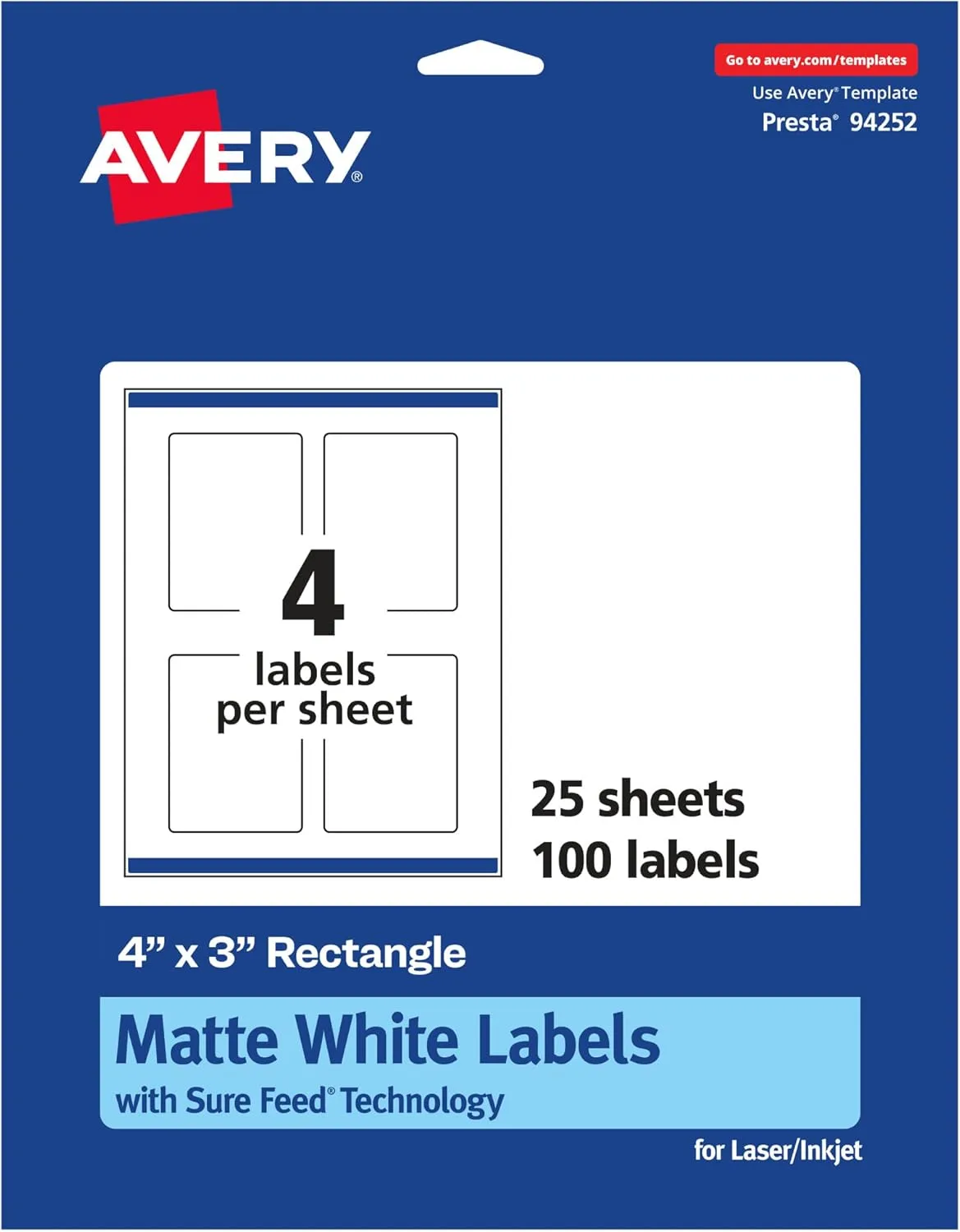 Avery Matte White Rectangle Labels, Sure Feed Technology, 4" x 3"