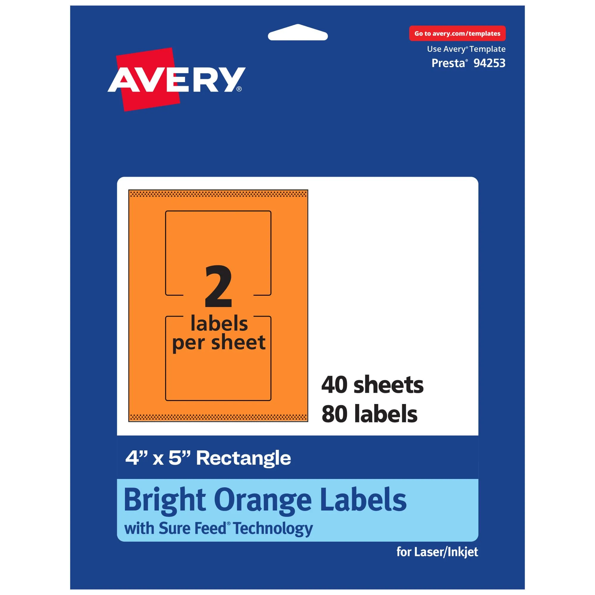 Avery Printable Rectangle Labels, Sure Feed Technology, 4" x 5", Bright Orange, Print-to-The-Edge, Laser/Inkjet Compatible