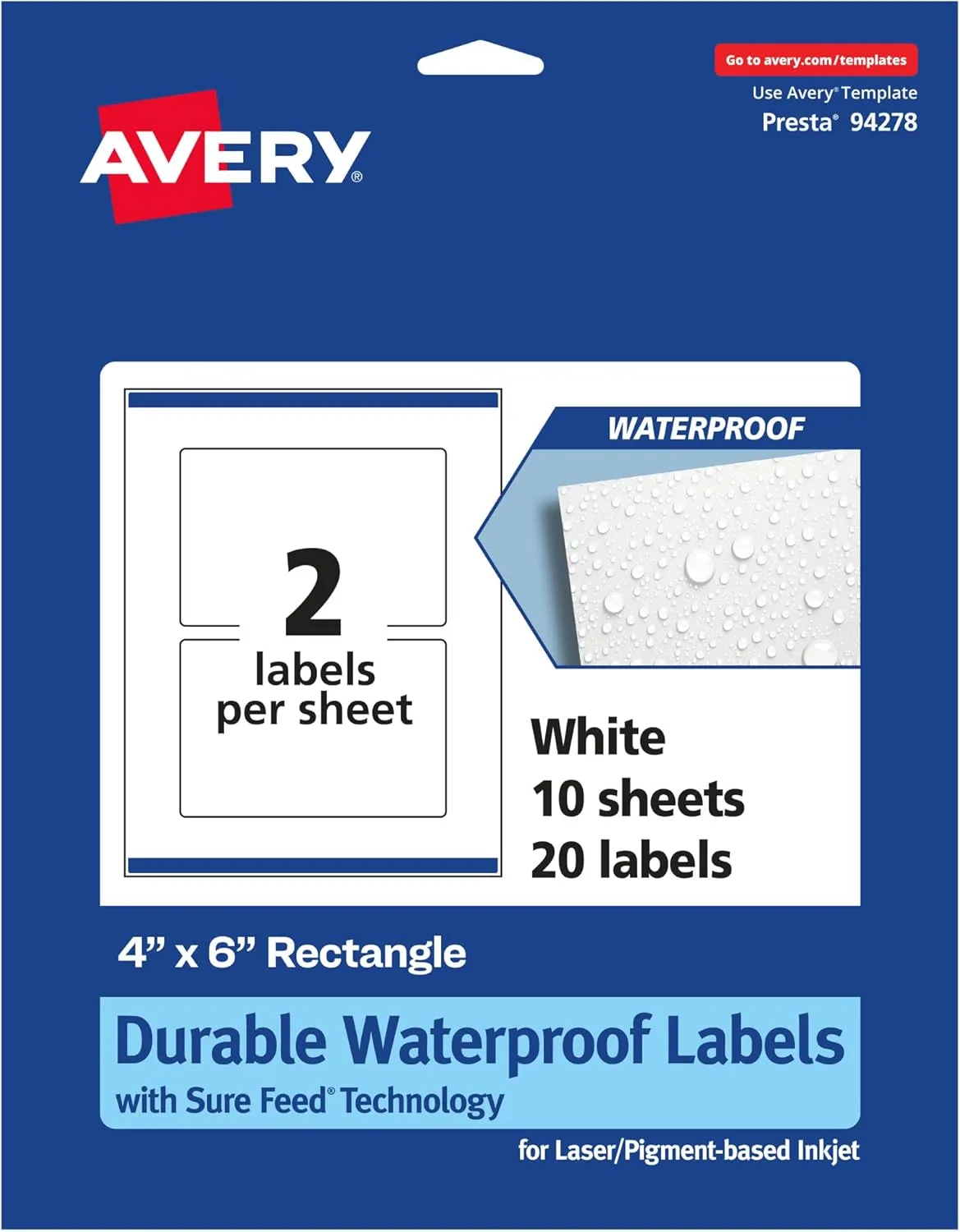 AVERY Durable Waterproof Rectangle Labels, Sure Feed Technology, 4" x 6", Print-to-the-Edge