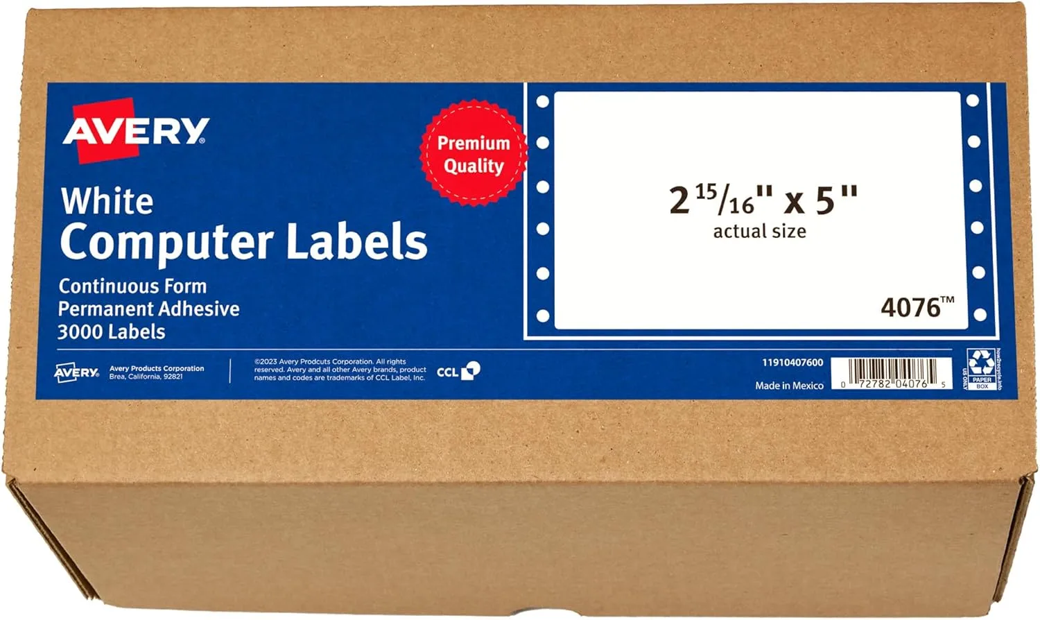 Avery 4076 Dot Matrix Printer Shipping Labels, 1 Across, 2 15/16 x 5, White (Box of 3000)