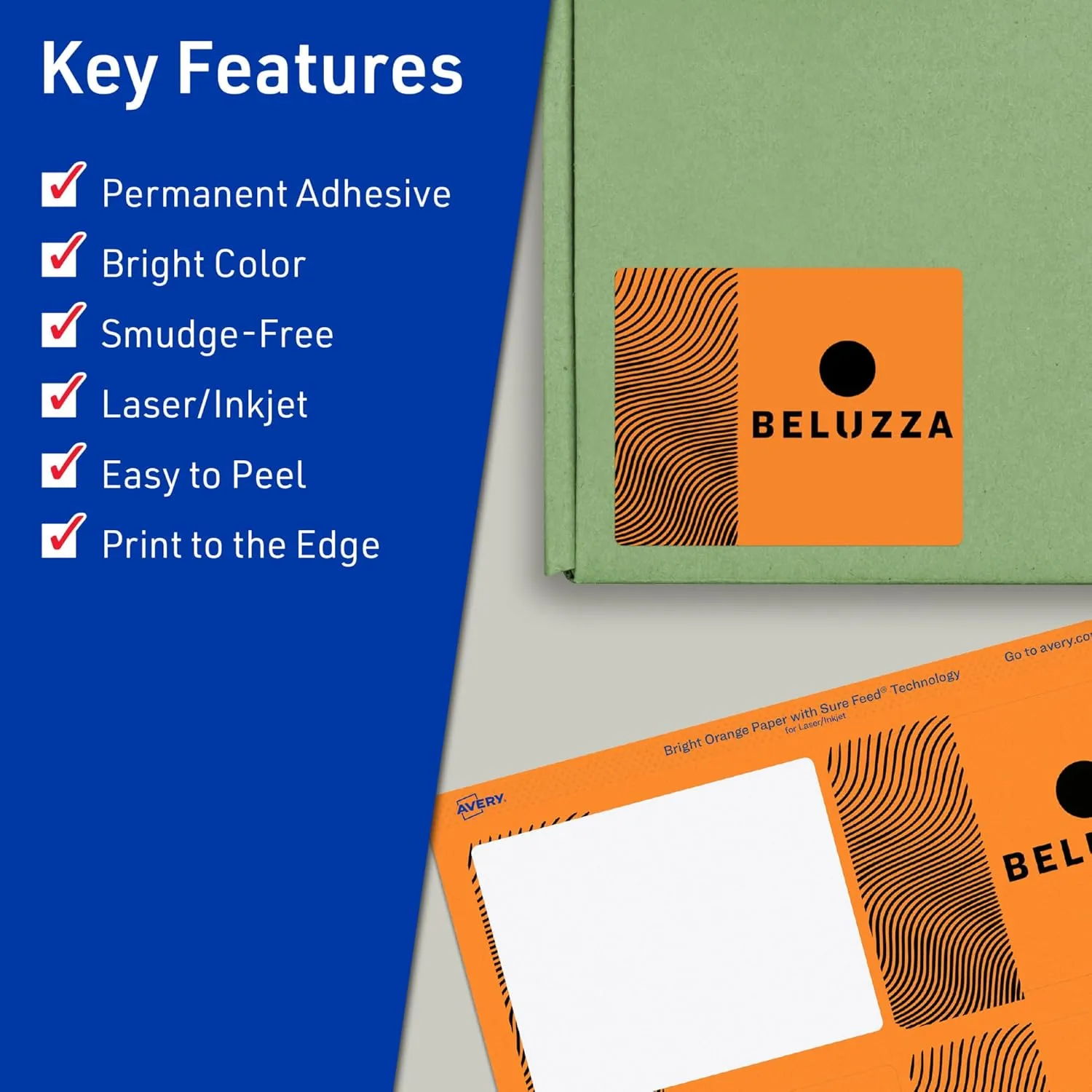 Avery Printable Rectangle Labels, Sure Feed Technology, 4" x 3", Bright Orange Labels, Print-to-The-Edge