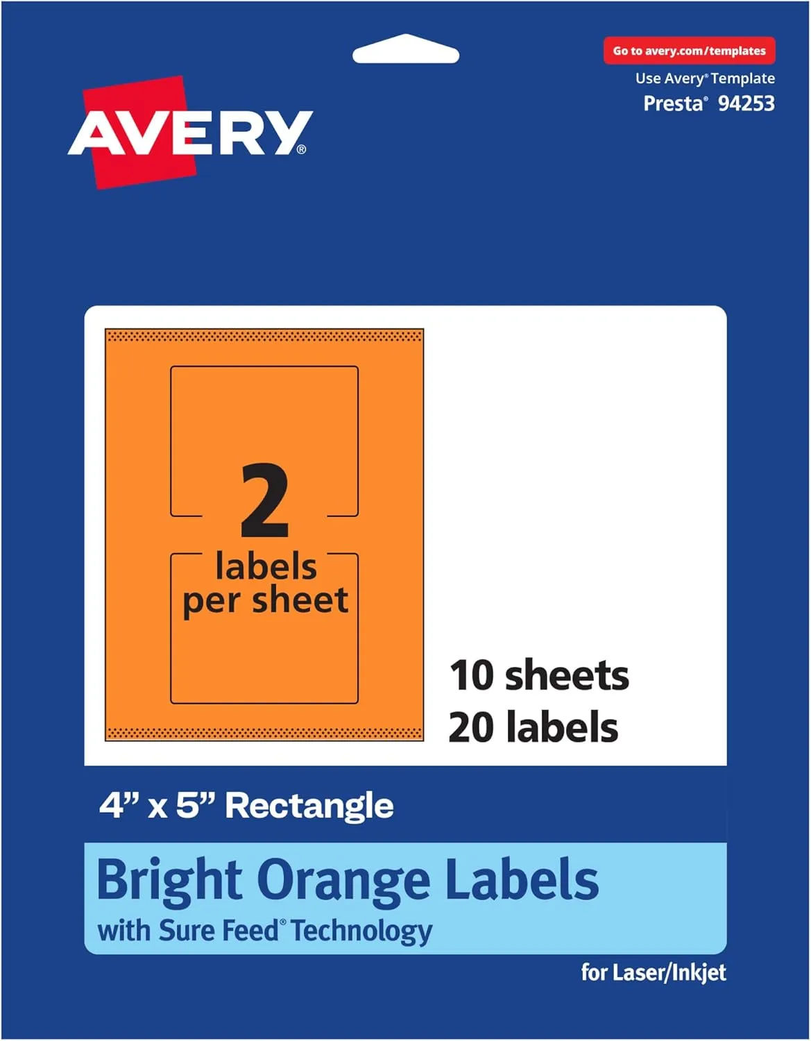 Avery Printable Rectangle Labels, Sure Feed Technology, 4" x 5", Bright Orange, Print-to-The-Edge, Laser/Inkjet Compatible