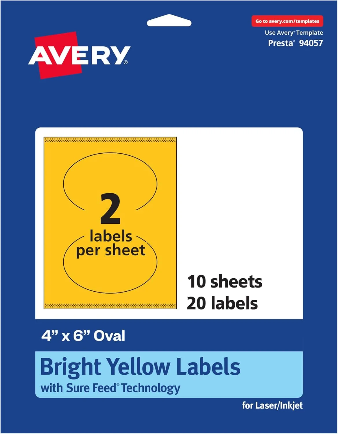 AVERY Printable Oval Labels, Sure Feed Technology, 4" x 6", Bright Yellow, Print-to-The-Edge, Laser/Inkjet