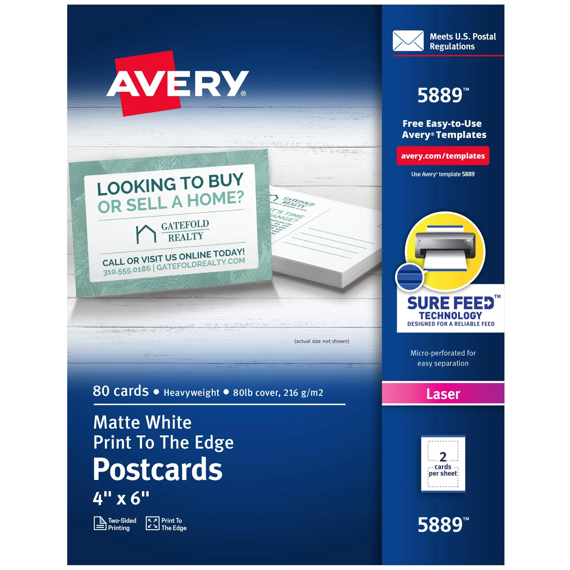 Avery Printable Postcards with Sure Feed Technology, 4" x 6", White, 80 Blank Postcards