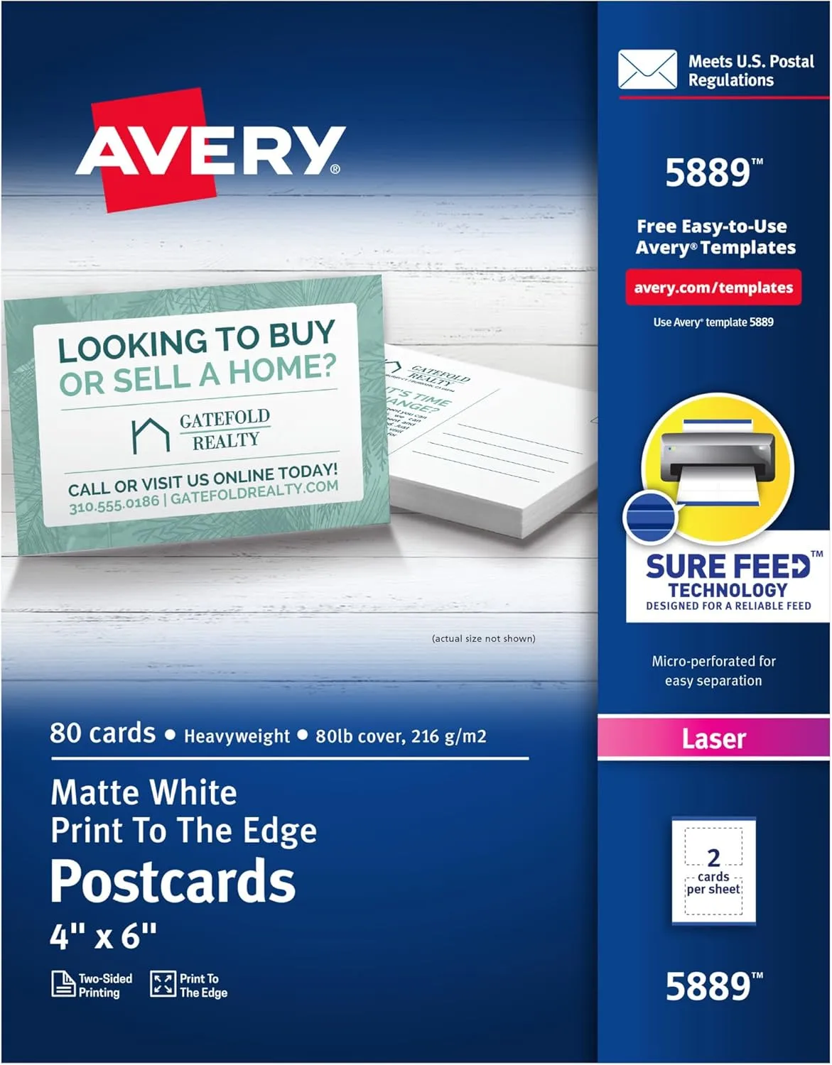 Avery Printable Postcards with Sure Feed Technology, 4" x 6", White, 80 Blank Postcards