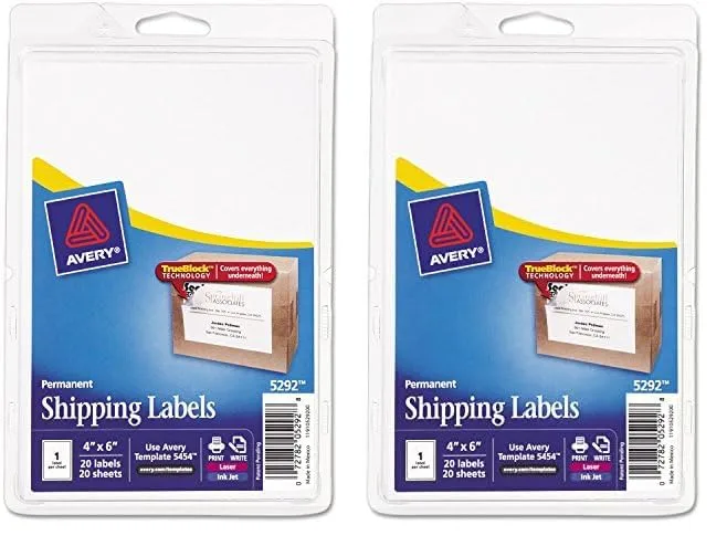 Avery Permanent Shipping Labels with TrueBlock Technology, 4 x 6, White - 20 Labels