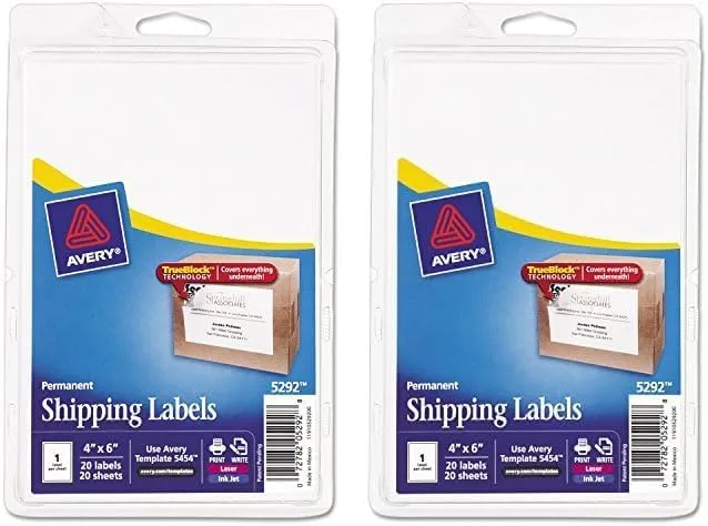Avery Permanent Shipping Labels with TrueBlock Technology, 4 x 6, White - 20 Labels