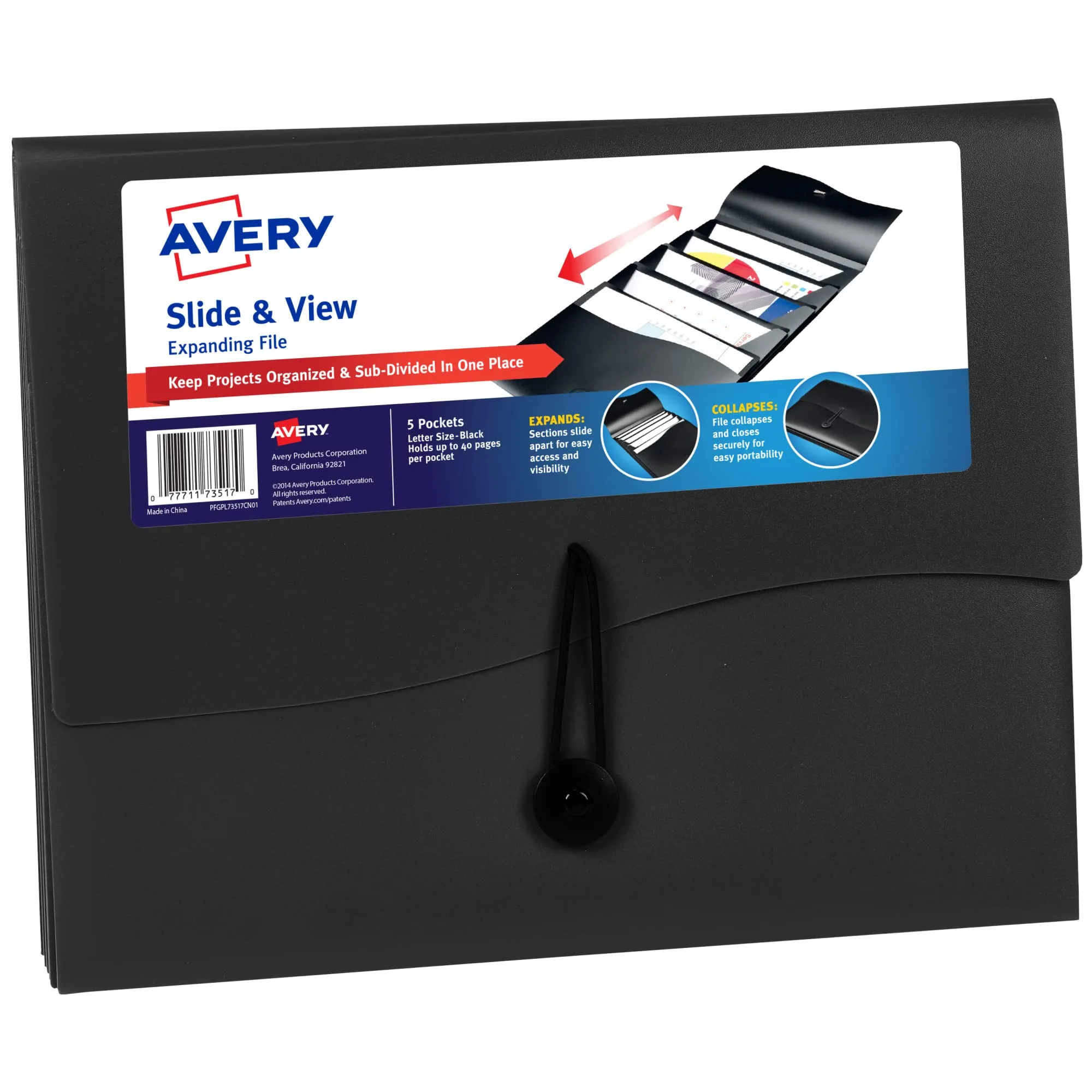 Avery Slide & View Expanding File Folder, 5 Pockets, Letter Size, 1 Black Folder (73517) 5 Pockets Black