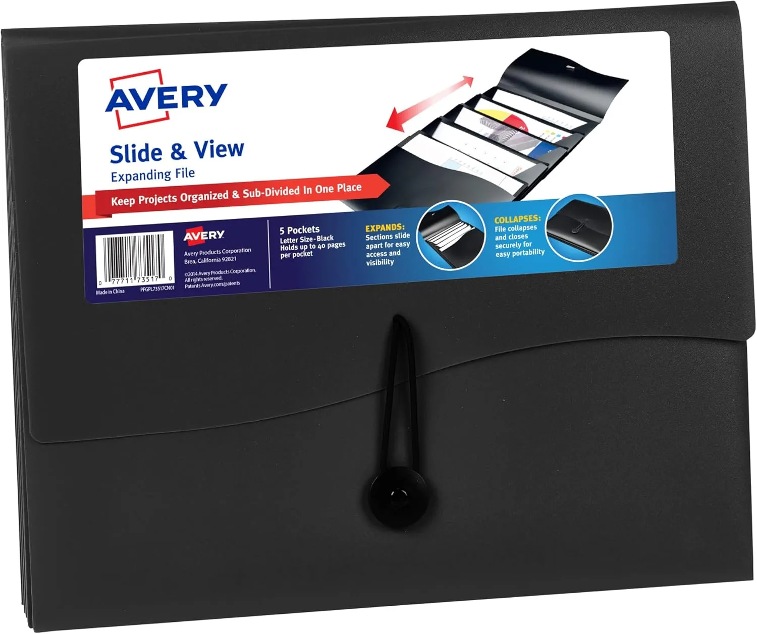 Avery Slide & View Expanding File Folder, 5 Pockets, Letter Size, 1 Black Folder (73517) 5 Pockets Black