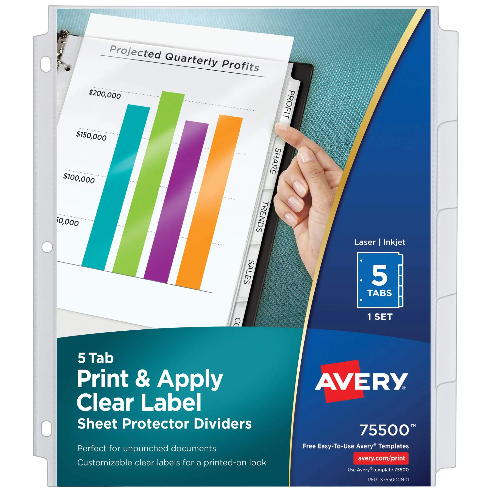 Avery 5-Tab Sheet Protector Dividers, Easy Print & Apply Clear Labels, Index Maker, White Tabs, 1 Set (75500) Letter (8.5" x 11") 5-Tab Dividers