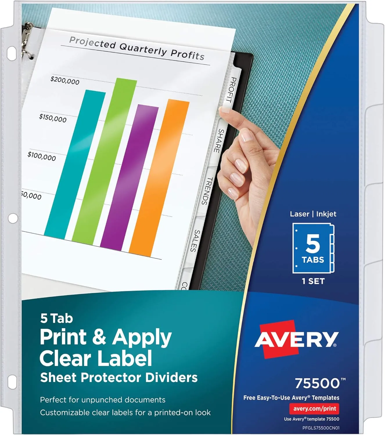Avery 5-Tab Sheet Protector Dividers, Easy Print & Apply Clear Labels, Index Maker, White Tabs, 1 Set (75500) Letter (8.5" x 11") 5-Tab Dividers