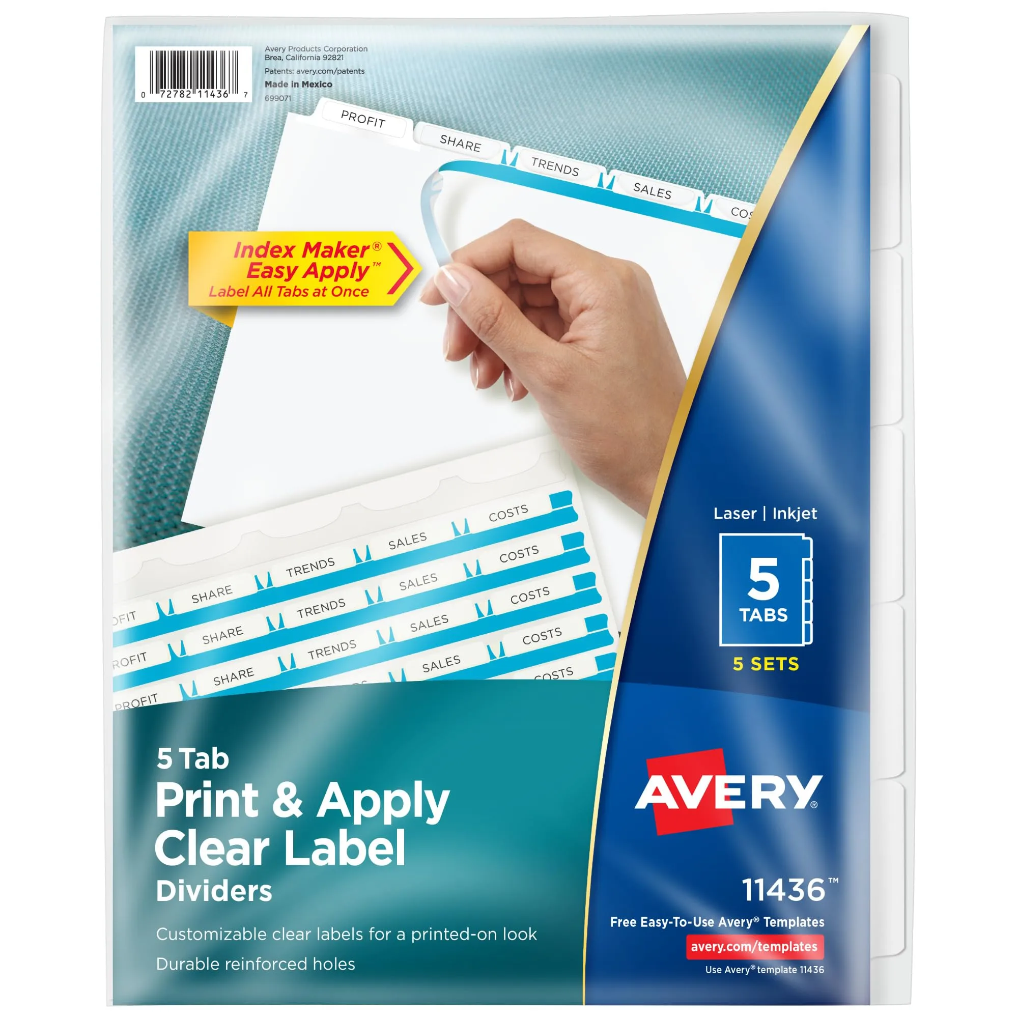 Avery 5 Tab Dividers for 3 Ring Binder, Easy Print & Apply Clear Label Strip