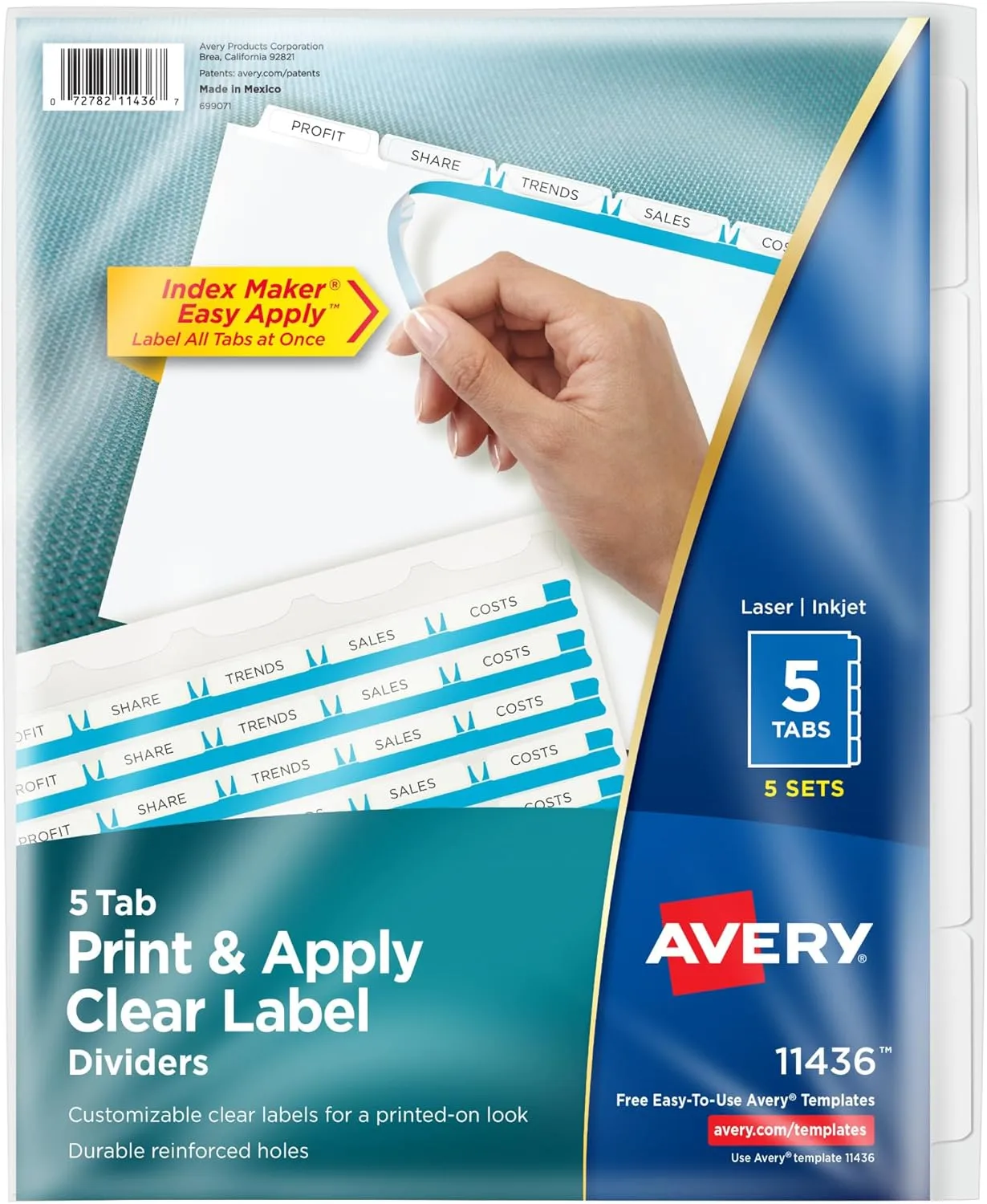 Avery 5 Tab Dividers for 3 Ring Binder, Easy Print & Apply Clear Label Strip