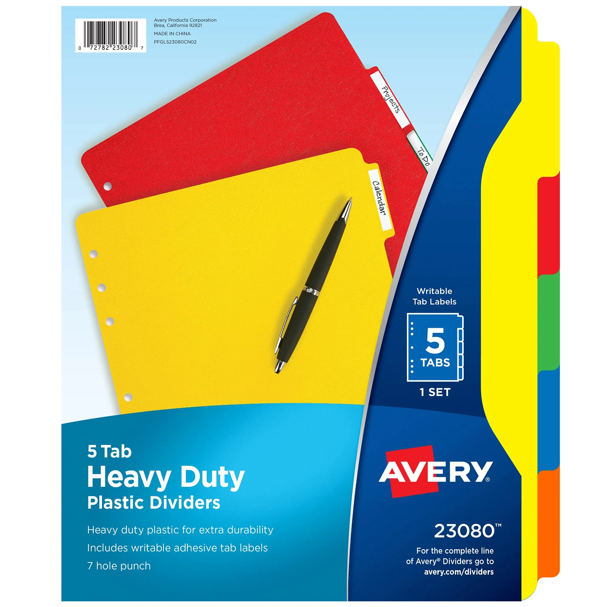 Avery Heavy-Duty Plastic Dividers for 3 Ring Binders and 7 Ring Binders, 5-Tab Set, Multicolor with White Labels, 1 Set (23080)