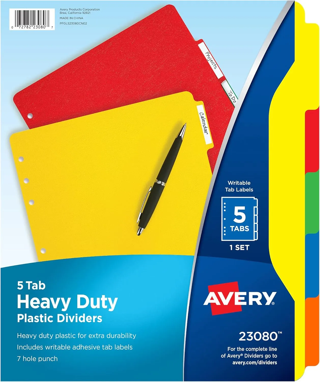 Avery Heavy-Duty Plastic Dividers for 3 Ring Binders and 7 Ring Binders, 5-Tab Set, Multicolor with White Labels, 1 Set (23080)