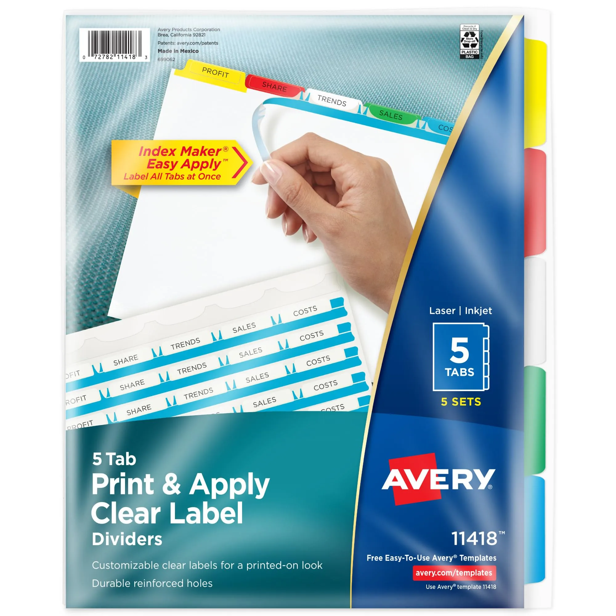 Avery 5-Tab Index Dividers for 3-Ring Binder, Easy Apply, 5 Sets (11418)