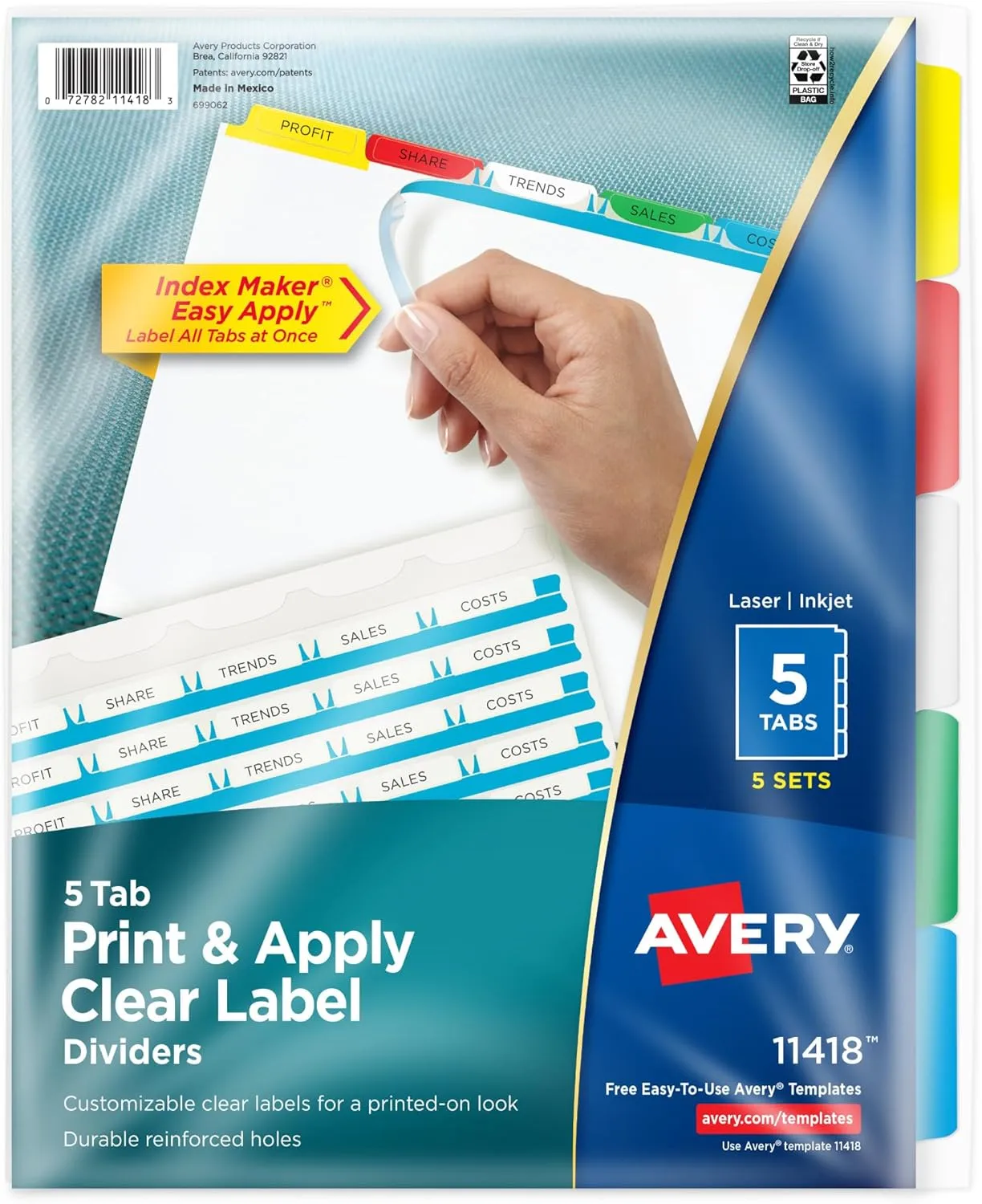 Avery 5-Tab Index Dividers for 3-Ring Binder, Easy Apply, 5 Sets (11418)