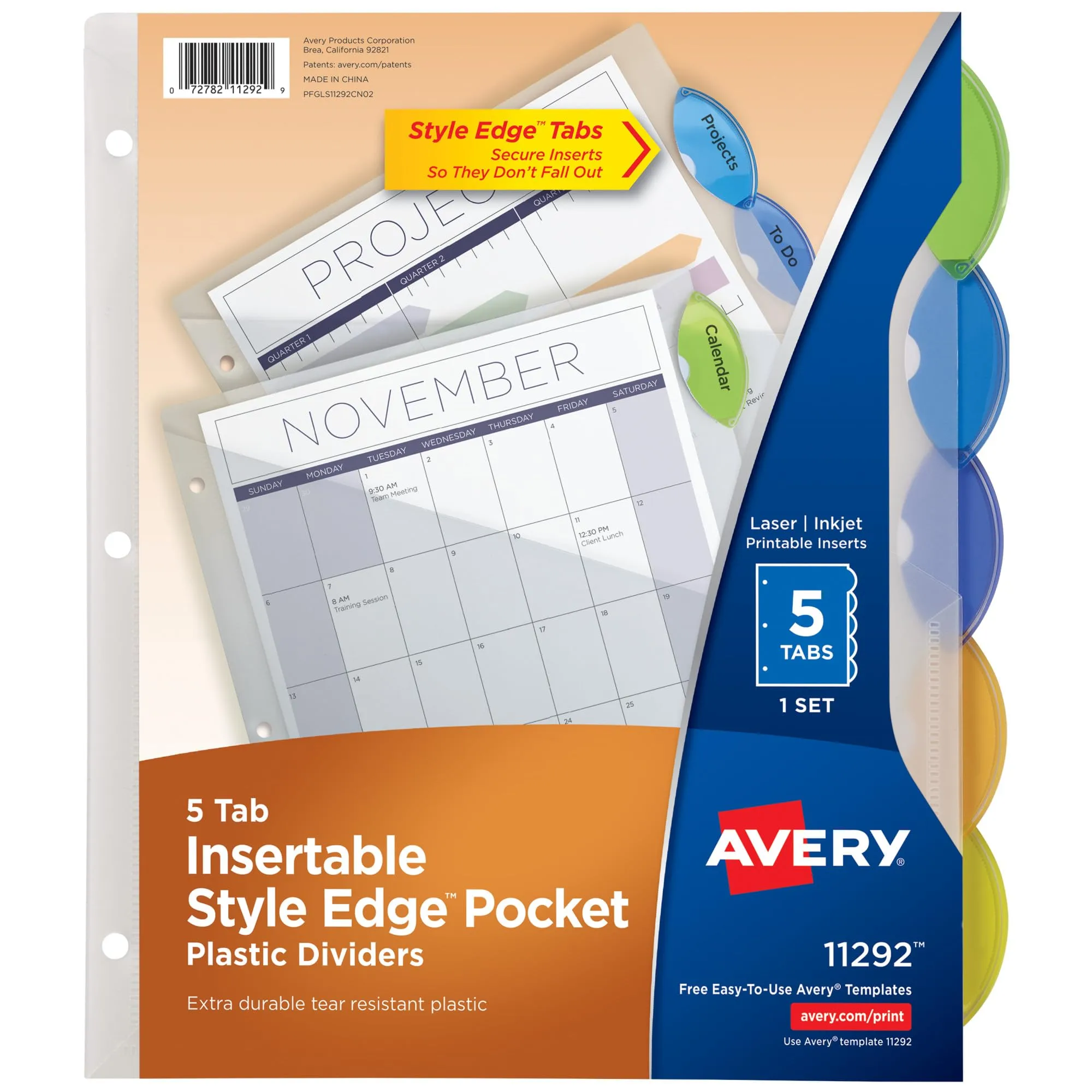 Avery Insertable Style Edge Pocket Plastic Dividers, 5-Tab, Multicolor (11292)