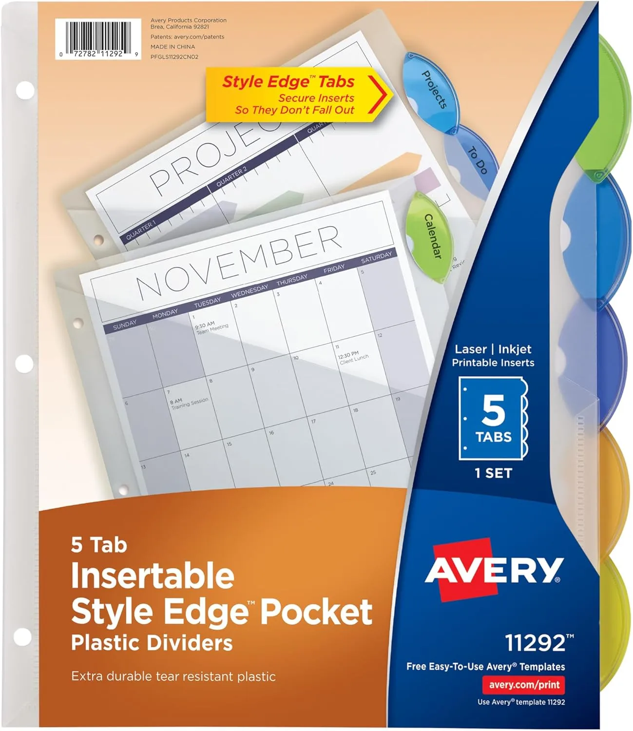 Avery Insertable Style Edge Pocket Plastic Dividers, 5-Tab, Multicolor (11292)