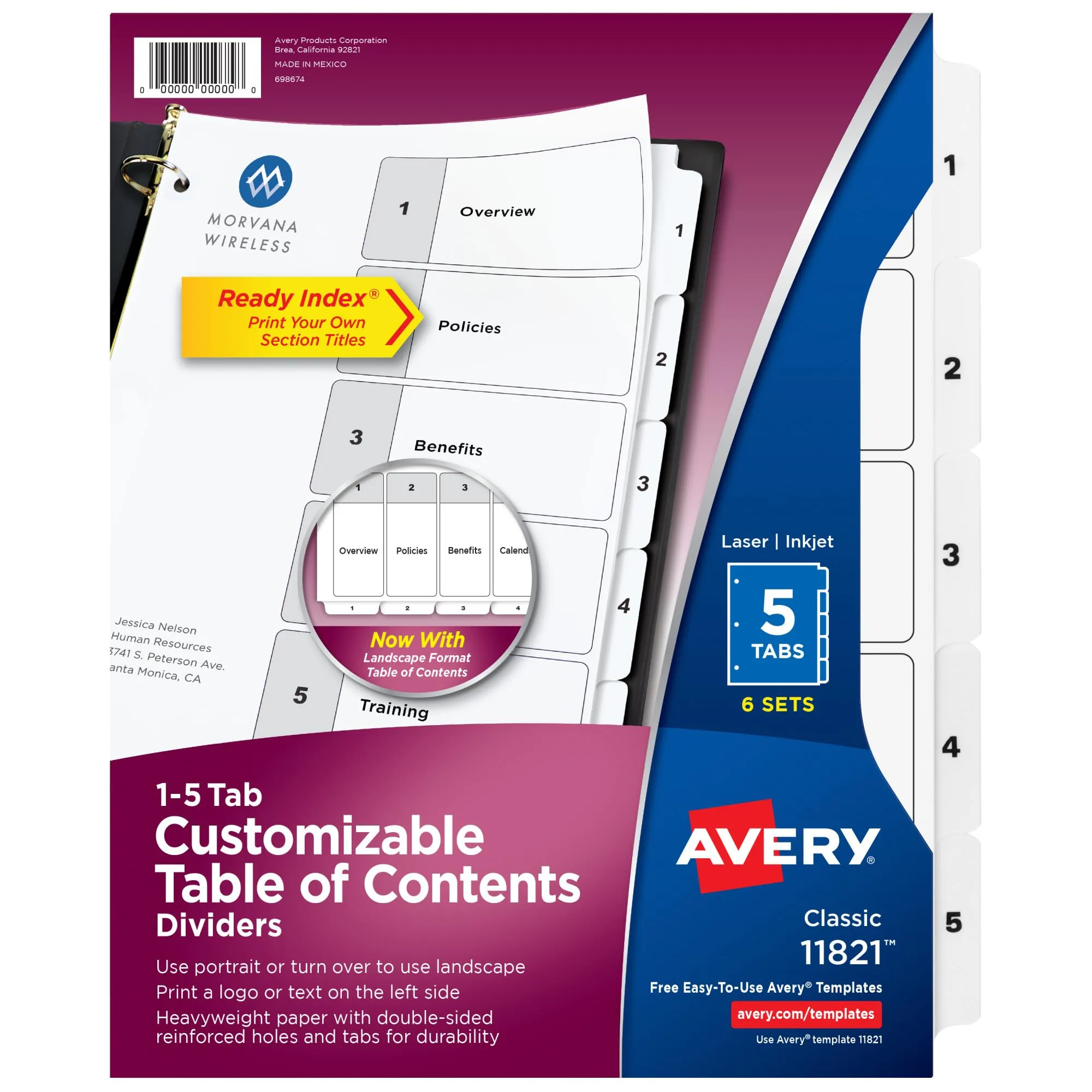 Avery Dividers for 3 Ring Binders, 5 Tabs per Set, Customizable Table of Contents, Classic White Tabs (6 Sets)